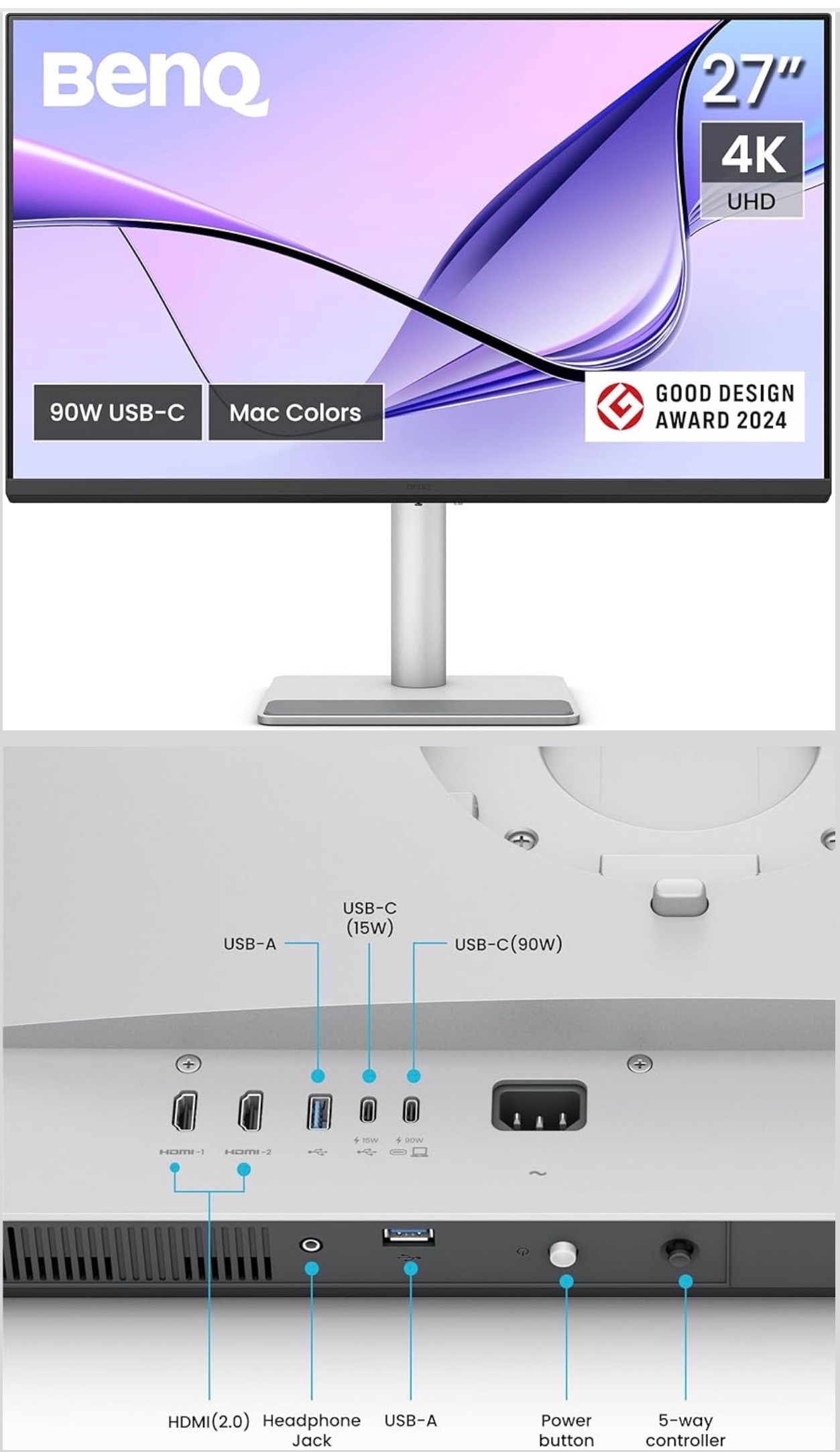 BenQ 27” 4K Monitor for MacBook® USB-C 90W USB Hub Height & Tilt - photo 2