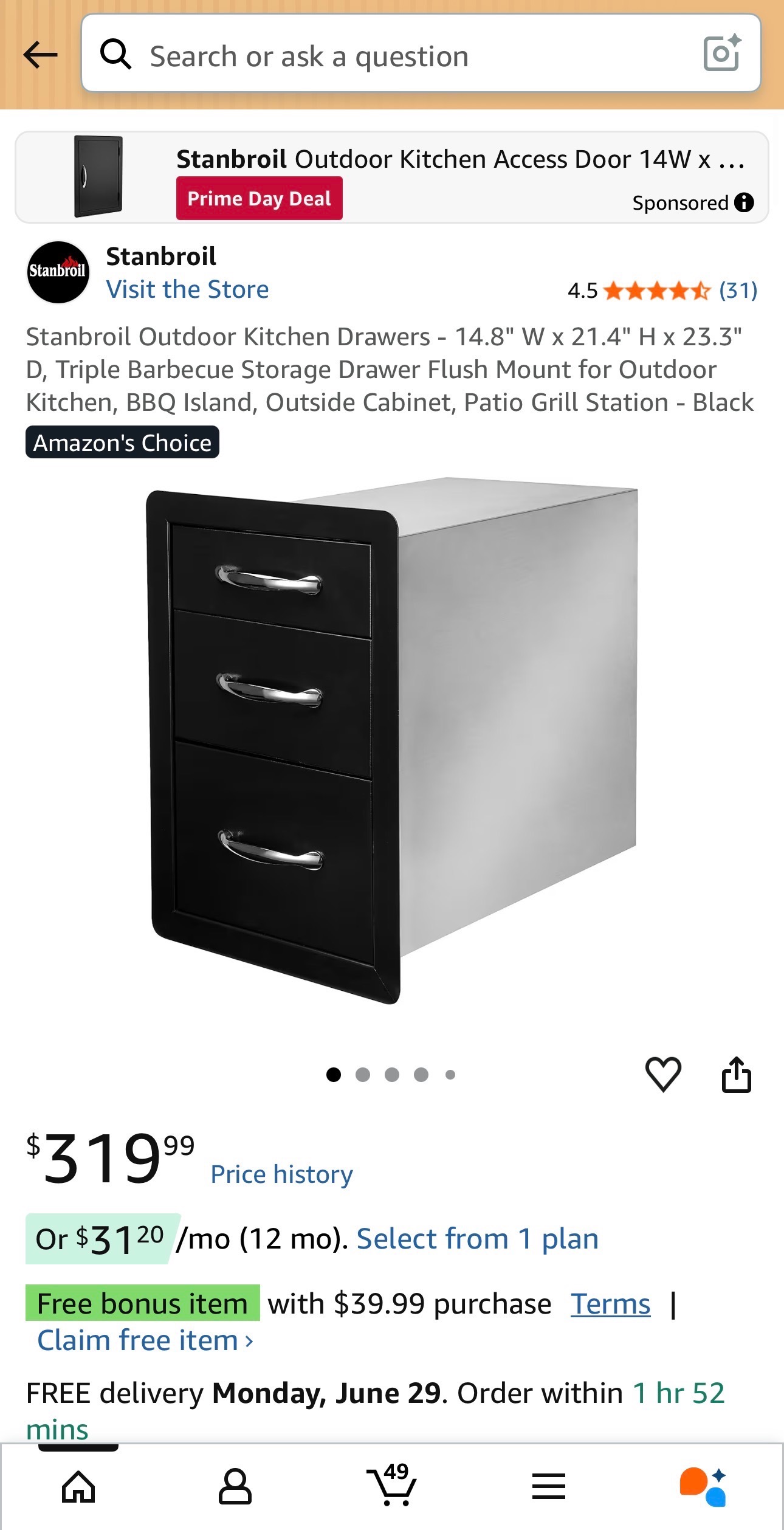 Outdoor Kitchen Drawers 14.8x21.4x23.3" Triple BBQ Storage Drawe