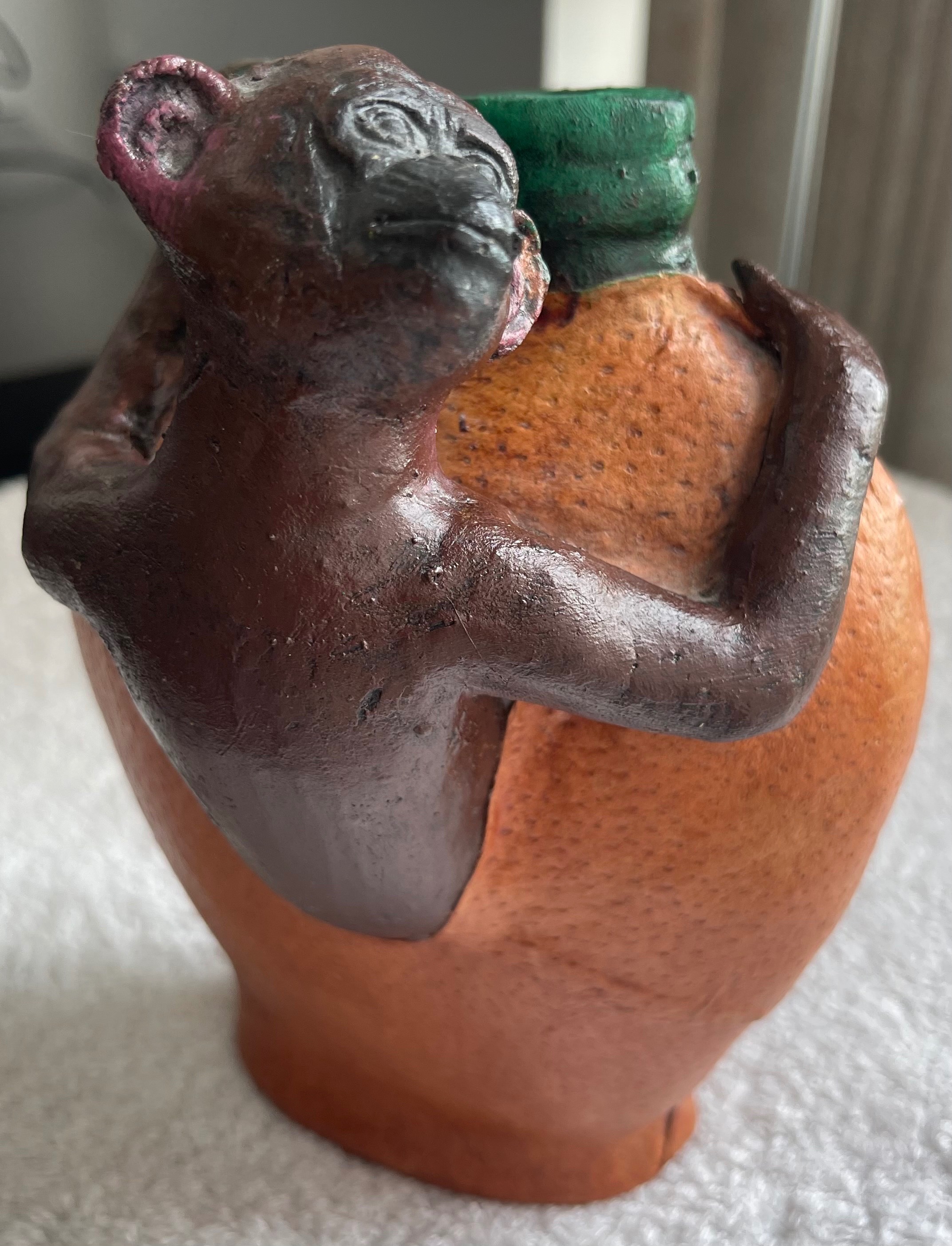 Vintage Leather-Wrapped Monkey & Fruit Coin Bank / Holder