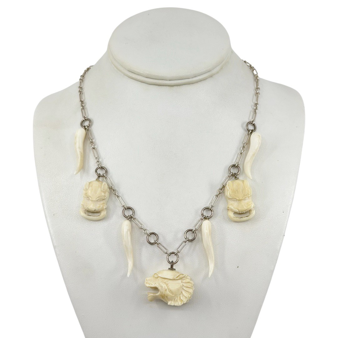 Vintage sterling silver hand carved bone charm pendant necklace - photo 2