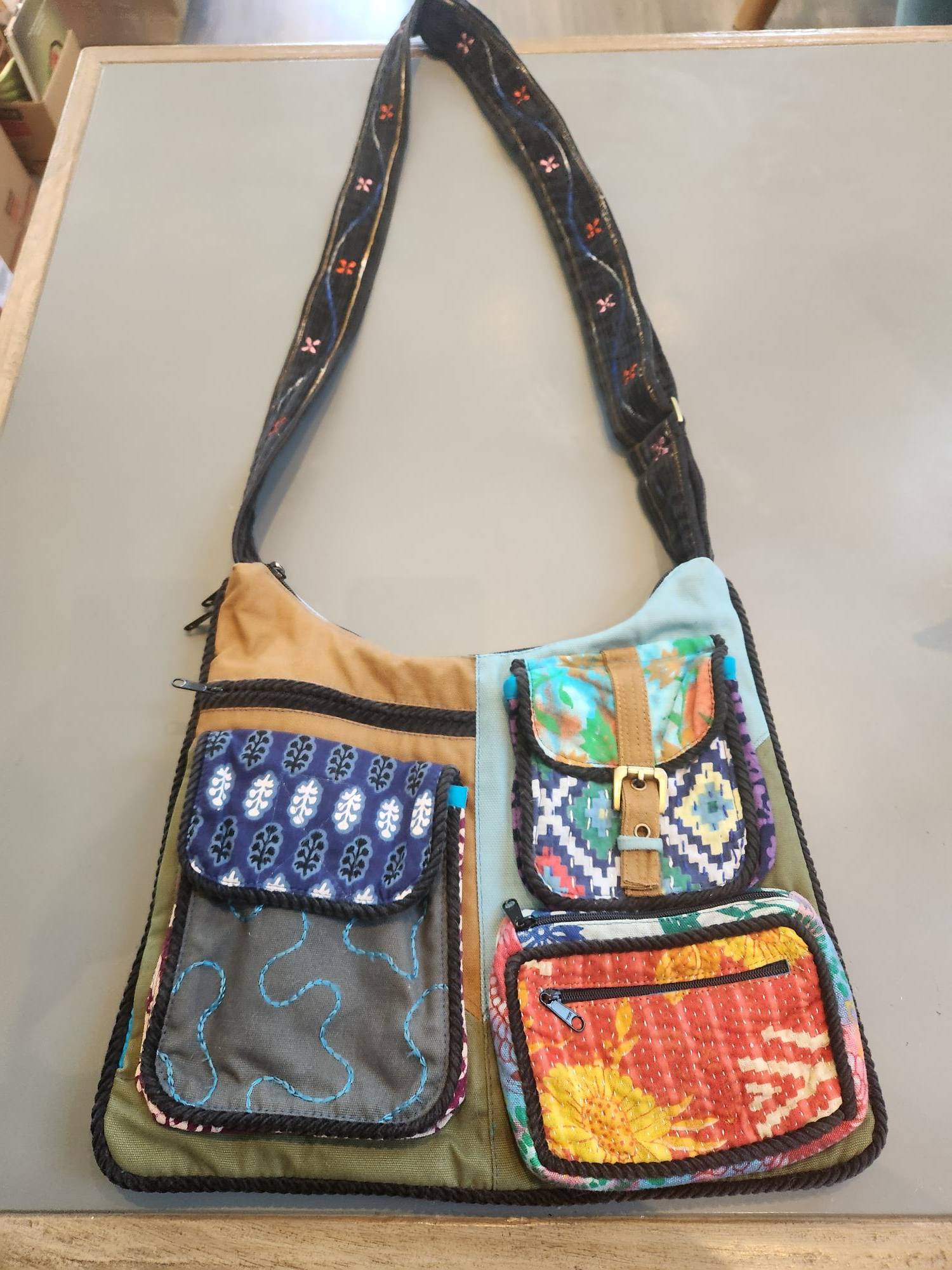 "Blue Sky" Hippie Boho Crossbody Bag, Expandable, Colourful