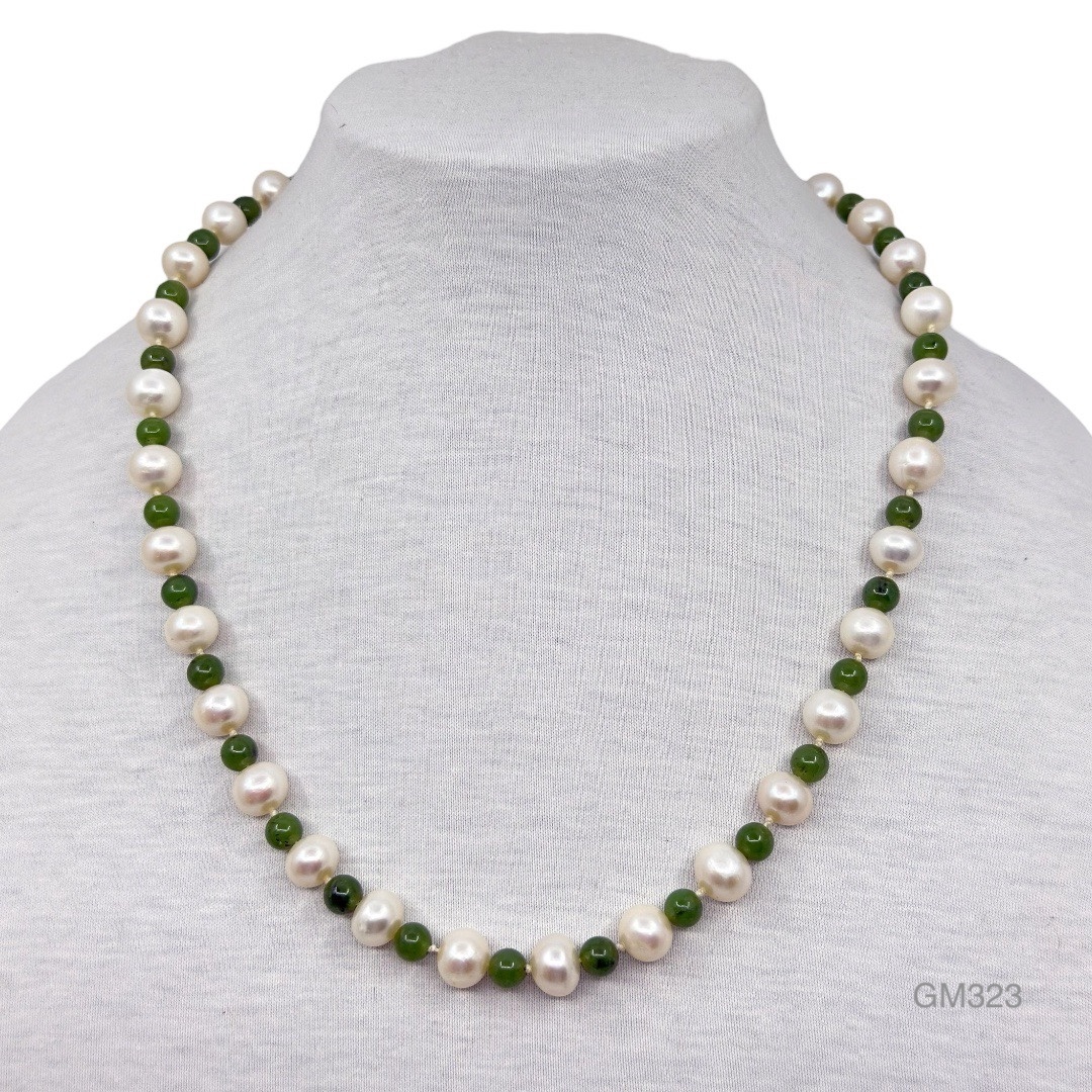 Sterling silver 11.5mm  pearl & jade necklace - GM323 - photo 3