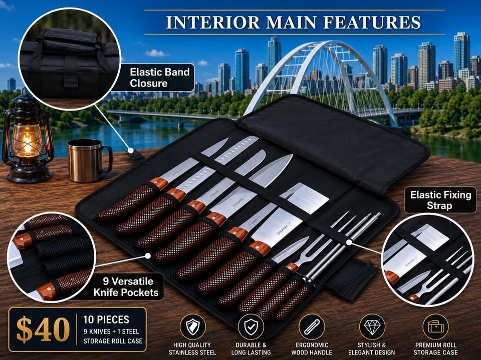 Premium 10-Piece Kitchen Knife Set w/ Storage Roll Case - photo 2