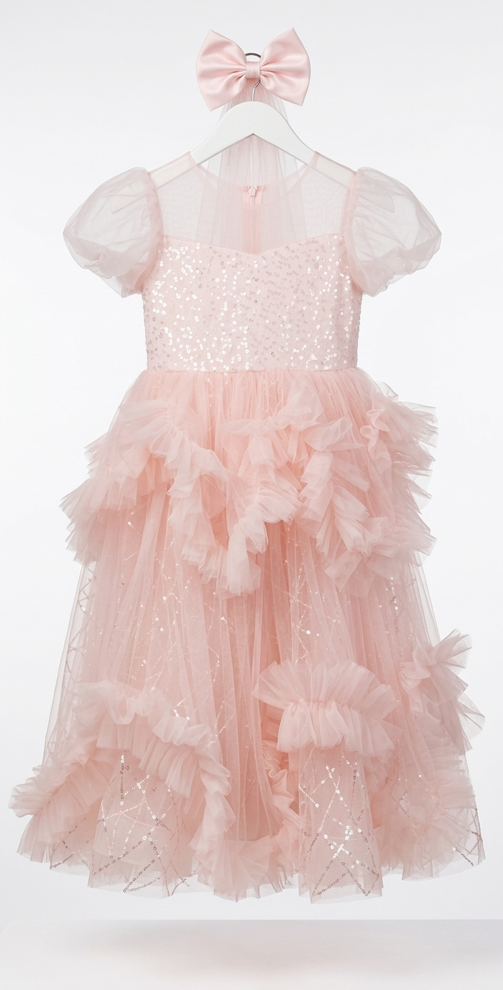 Pink Sequin Tulle Dress with Bow :5367 - photo 4