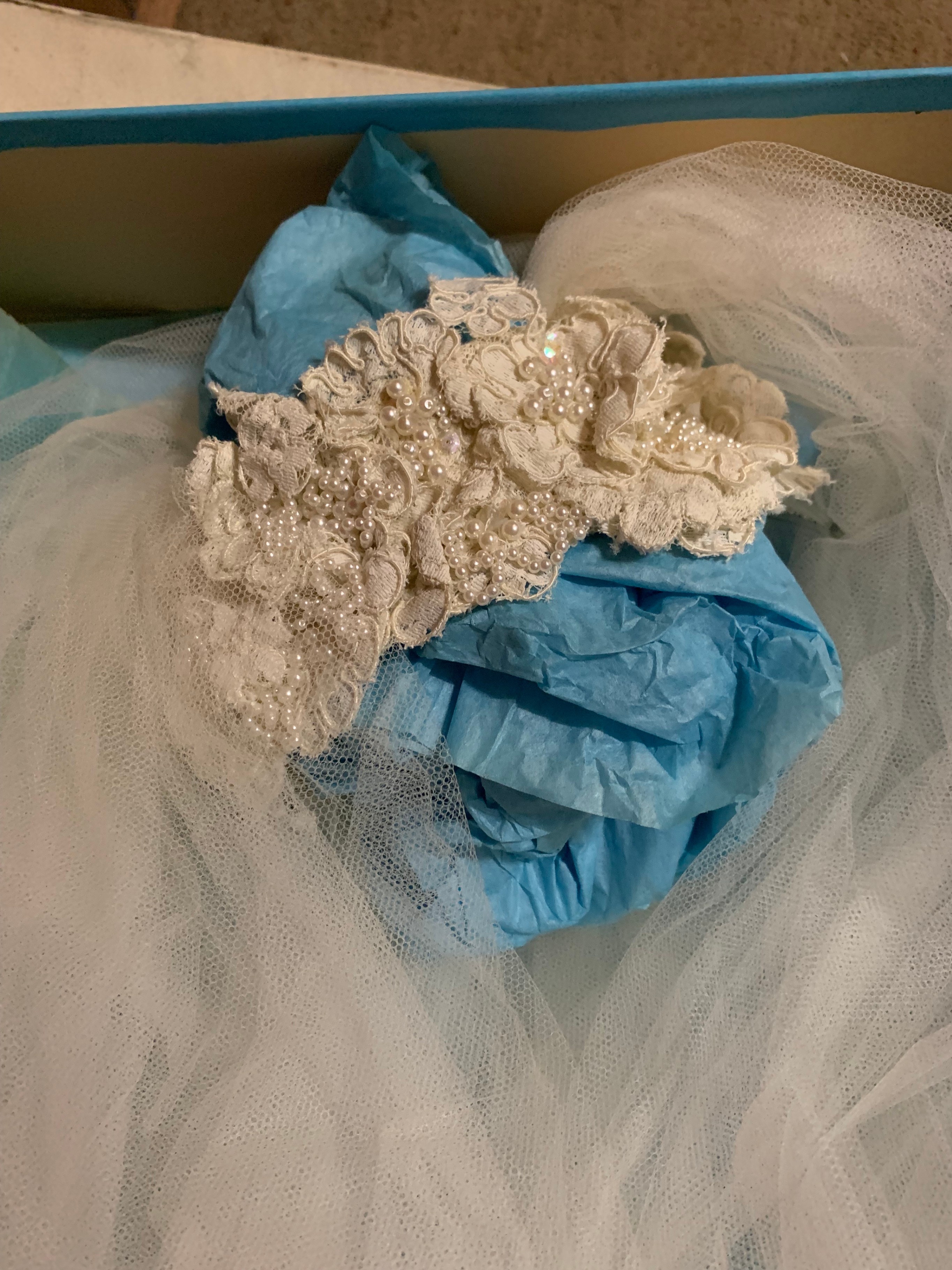 White Tulle Veil with Beaded Lace Appliqué