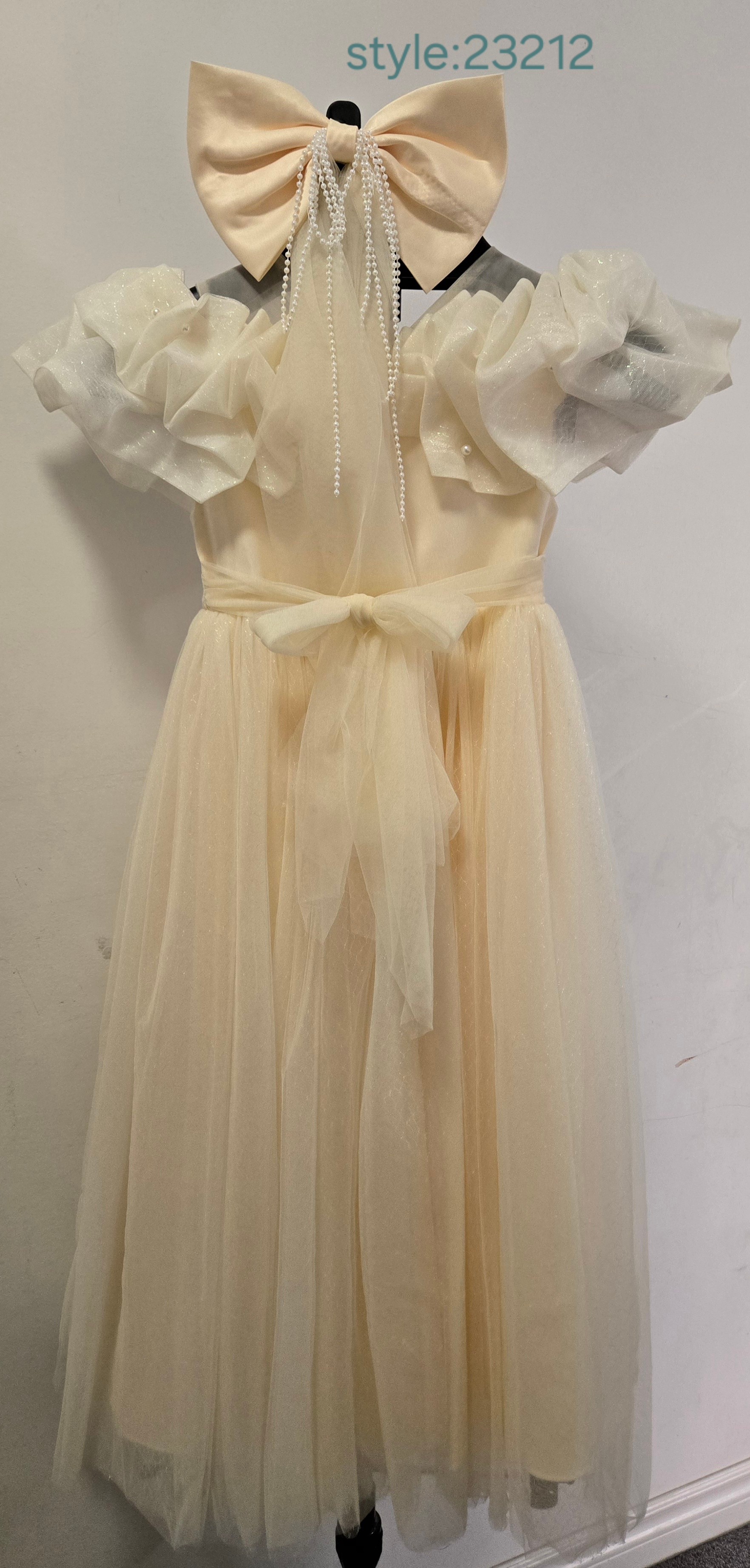 Girls Ivory Tulle Dress with Pearl Beading and Bow: 23212 - photo 5