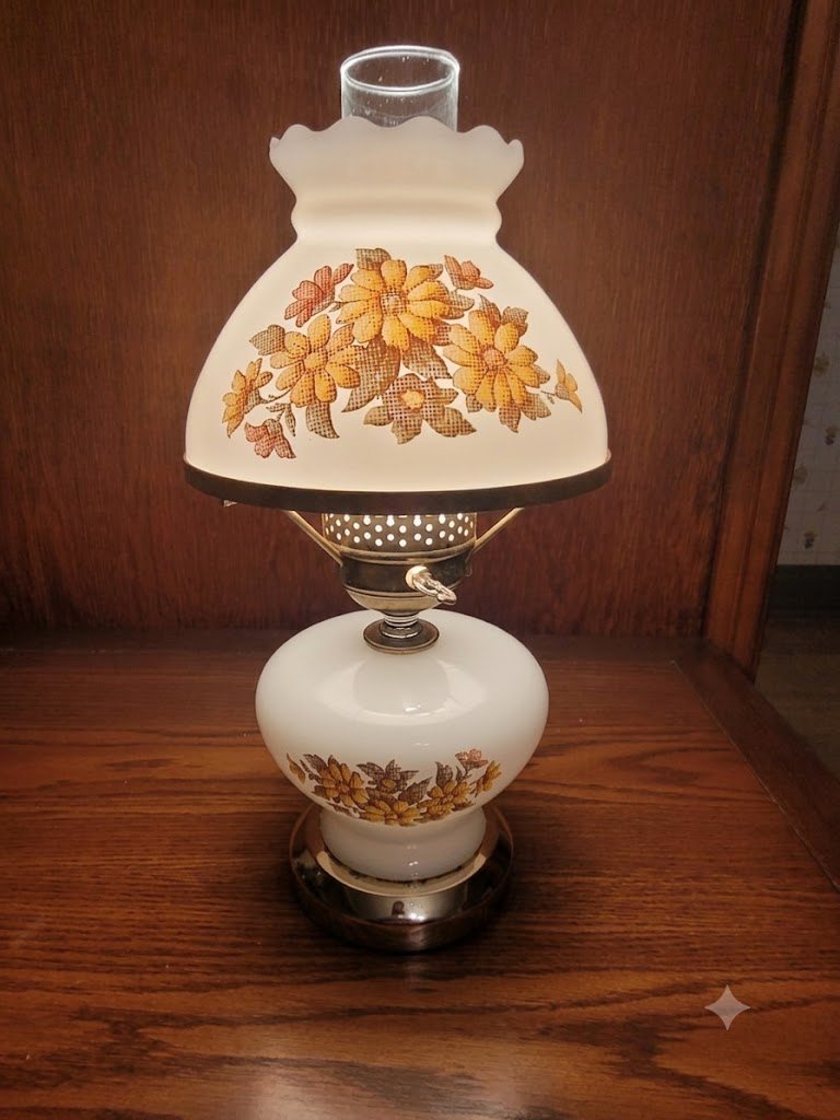70s Milk Glass Hurricane Lamp - Yellow & Orange Daisies Working