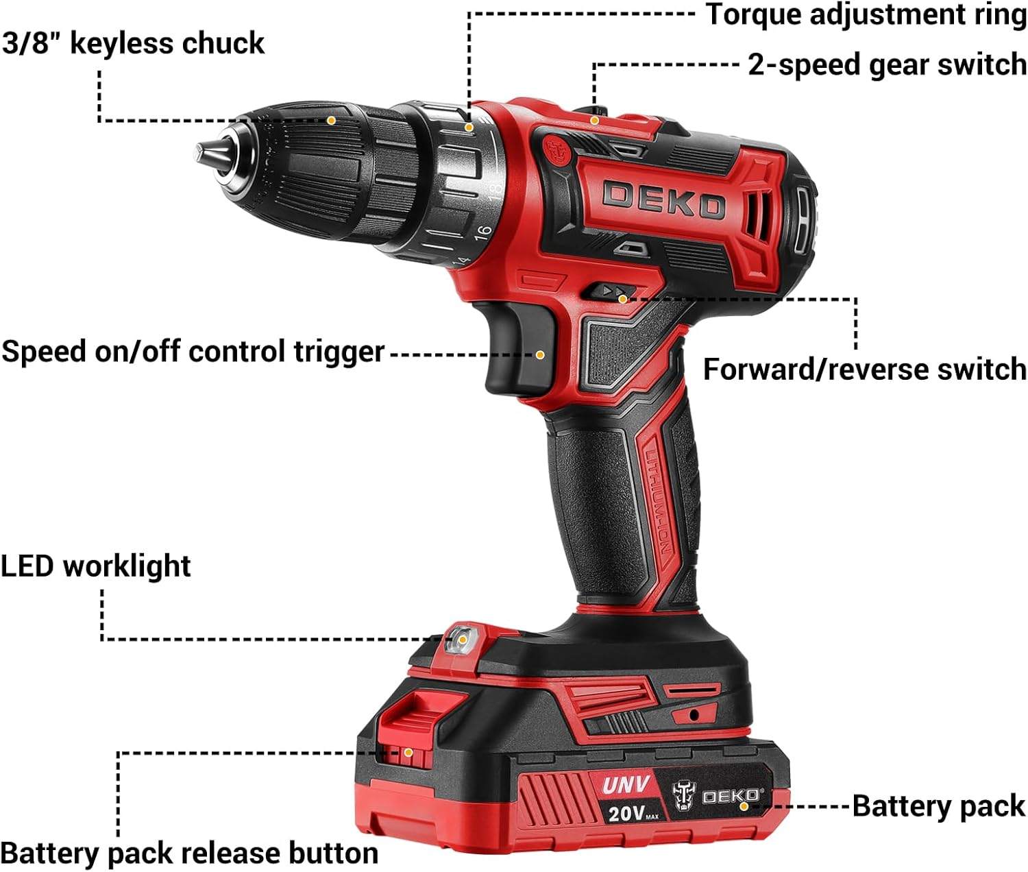 DEKOPRO 20V Cordless Drill Driver Kit - Electric Power Drill - photo 3