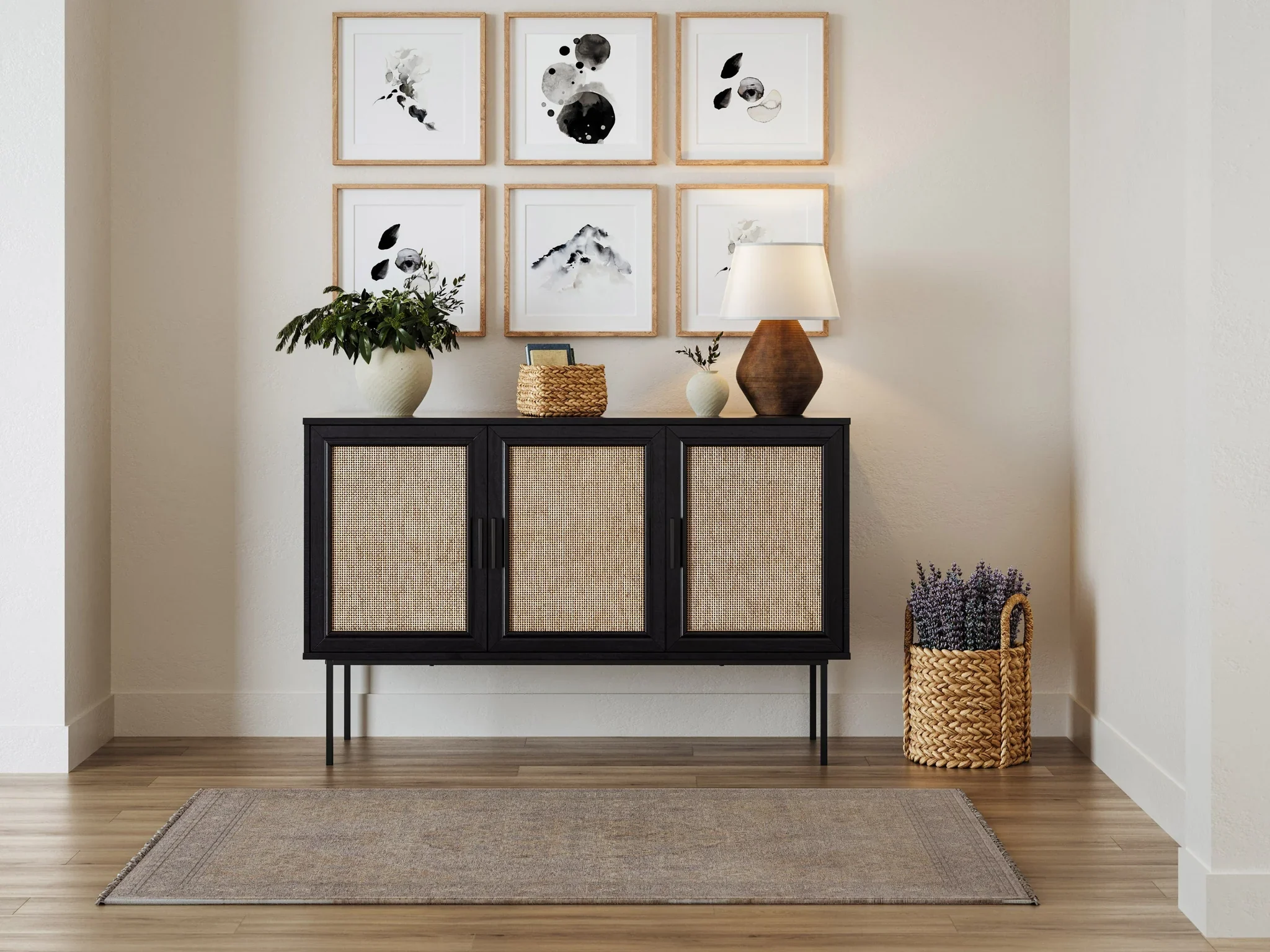 Modern Black Buffet Cabinet with Woven Doors | 47”
