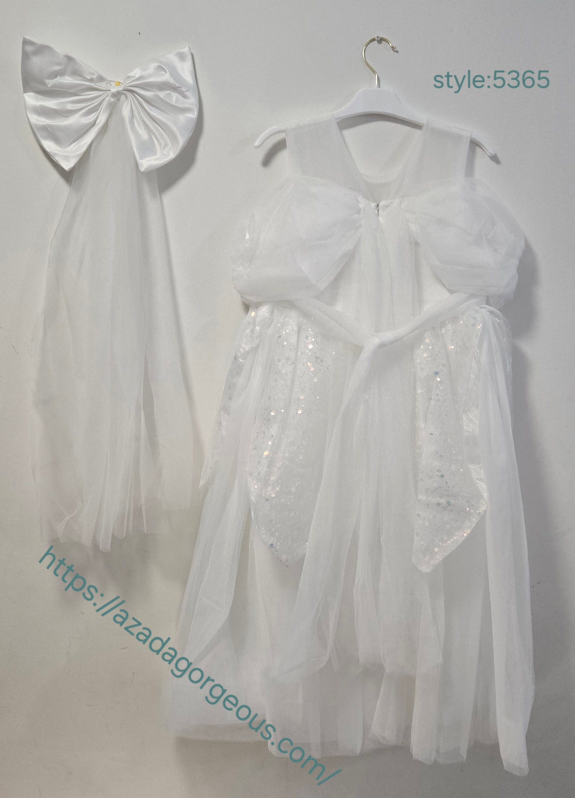 White Sequin Tulle Dress with Bow Accessory:5365 - photo 3