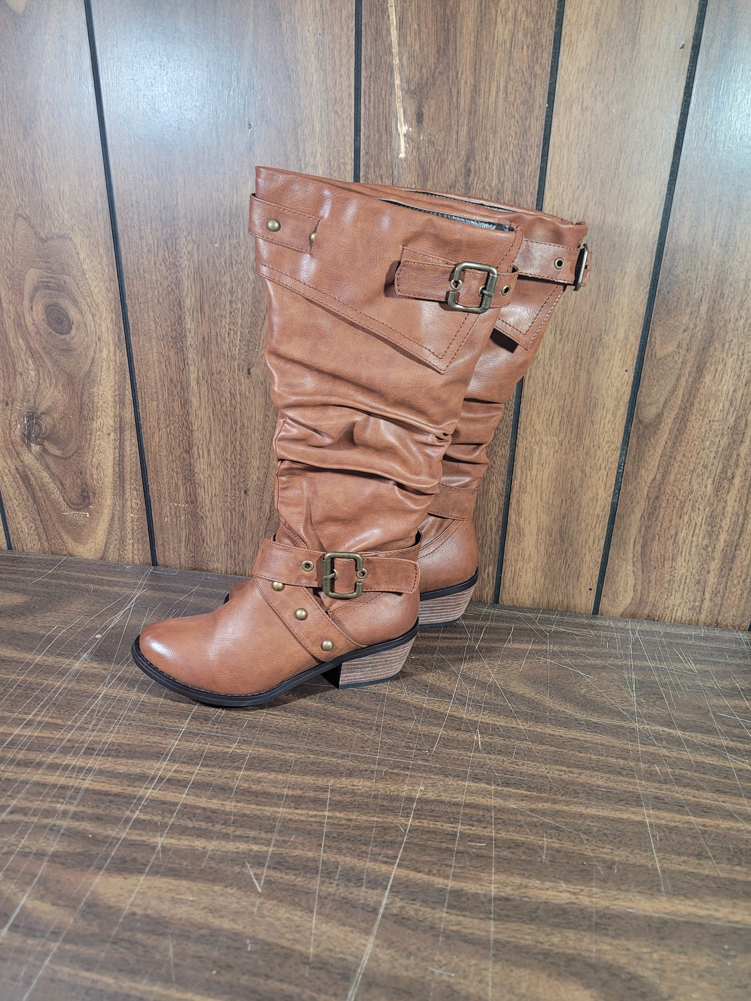 Brown Ruched Knee-High Boots with Buckle Detail - photo 3