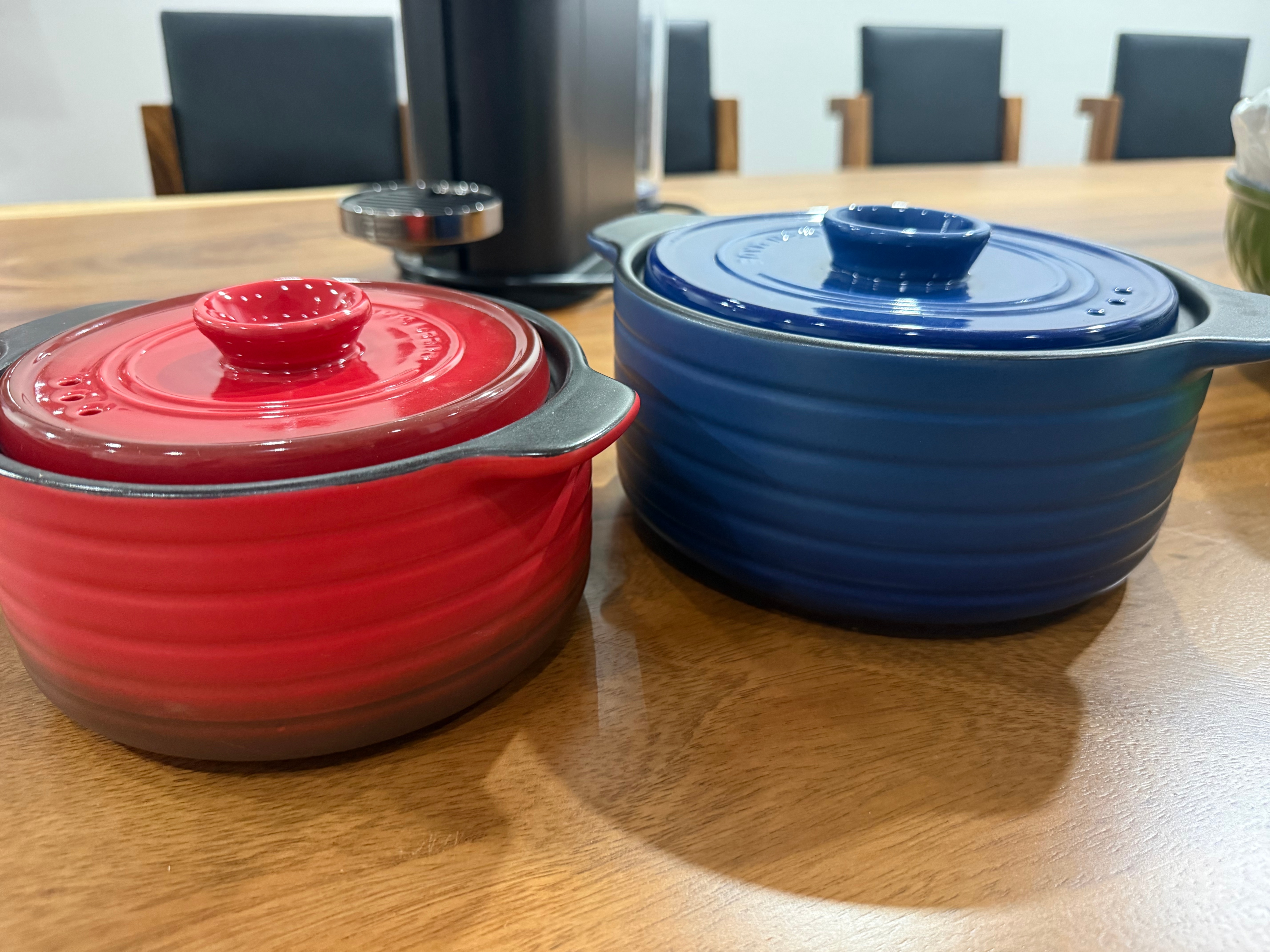 Ceramic Mini Casserole Dish Set of 2 Red and Blue Bowls