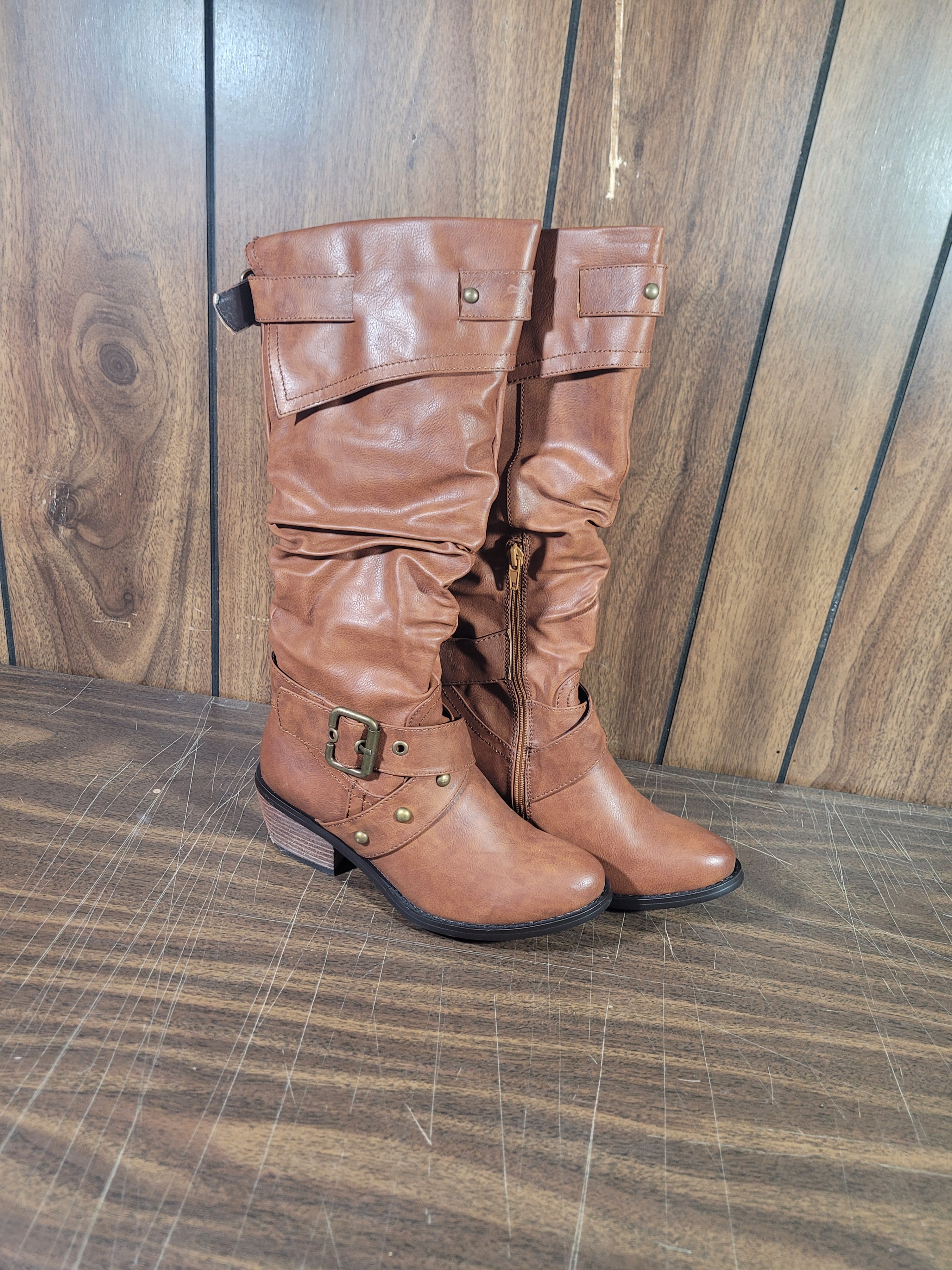 Brown Ruched Knee-High Boots with Buckle Detail