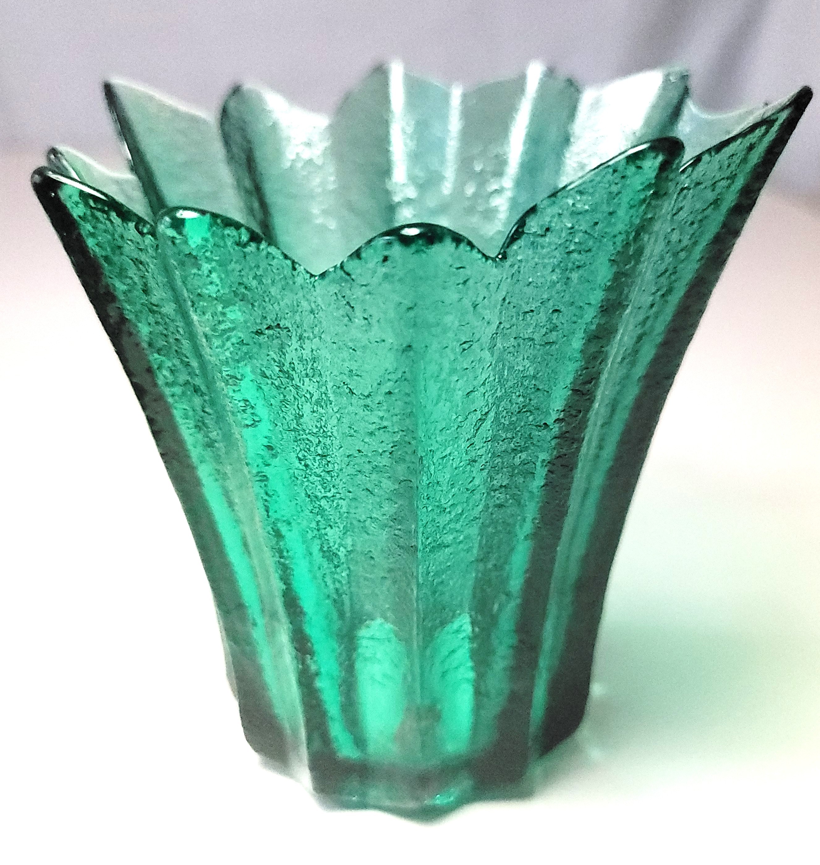 1970s Emerald Green Lotus Art Glass Bud Vase Votive Holder Japan
