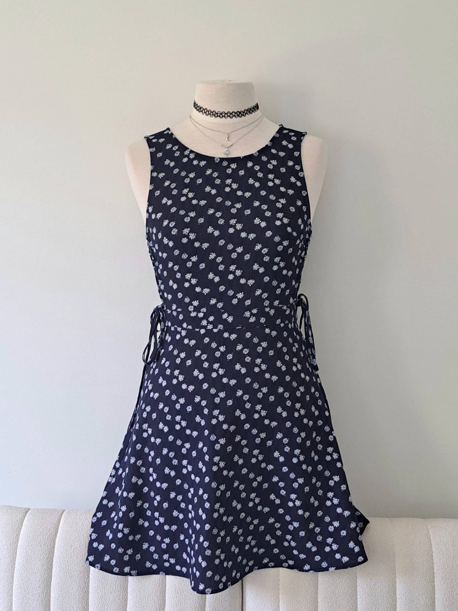 ⁕ Navy Floral Side Tie Dress
