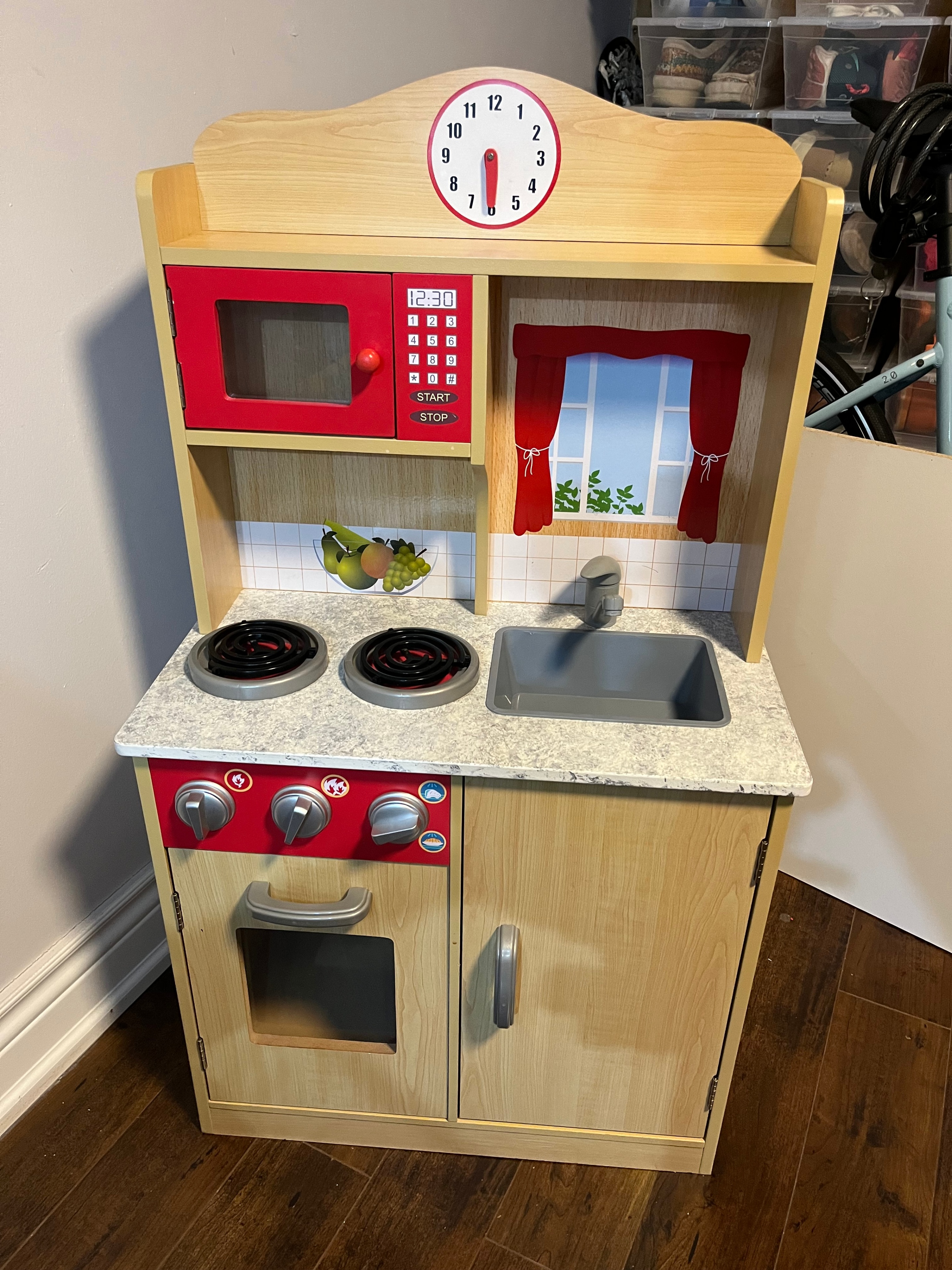 Wooden Kids Play Kitchen with Microwave, Sink & Storage