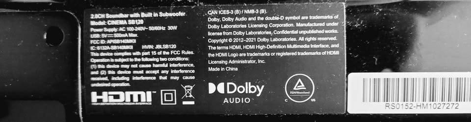JBL Cinema SB120 2.0 Channel Soundbar with Built-in Subwoofer.