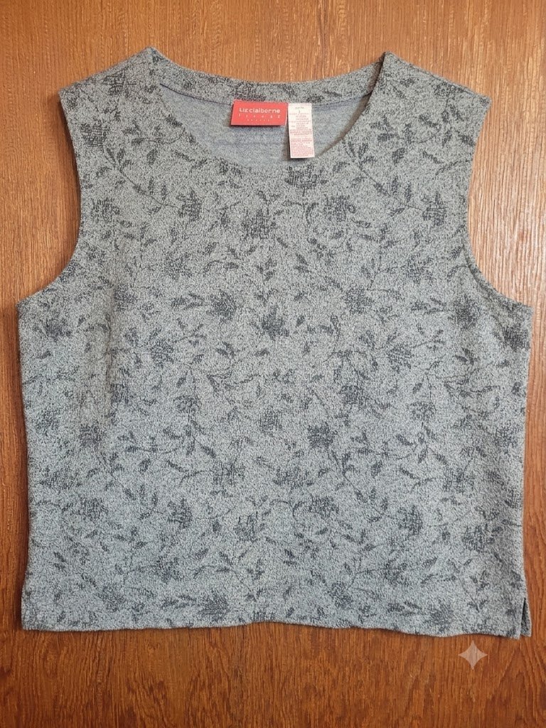 Liz Claiborne Floral Knit Shell Top Petite Large Gray Sleeveless