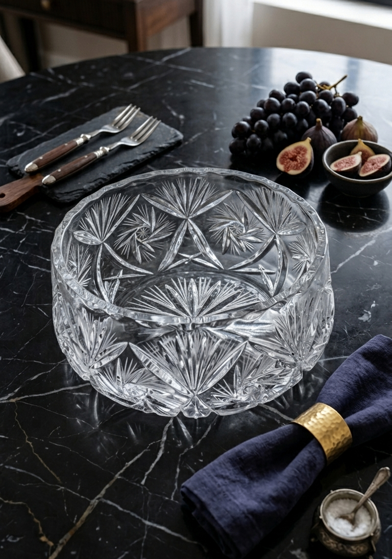 Pinwheel Pattern Clear Cut Lead Crystal Large Round Serving Bowl