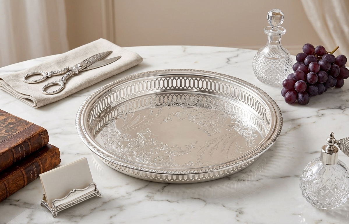 Vintage Silver-Plated Round Gallery Tray with Pierced Rim