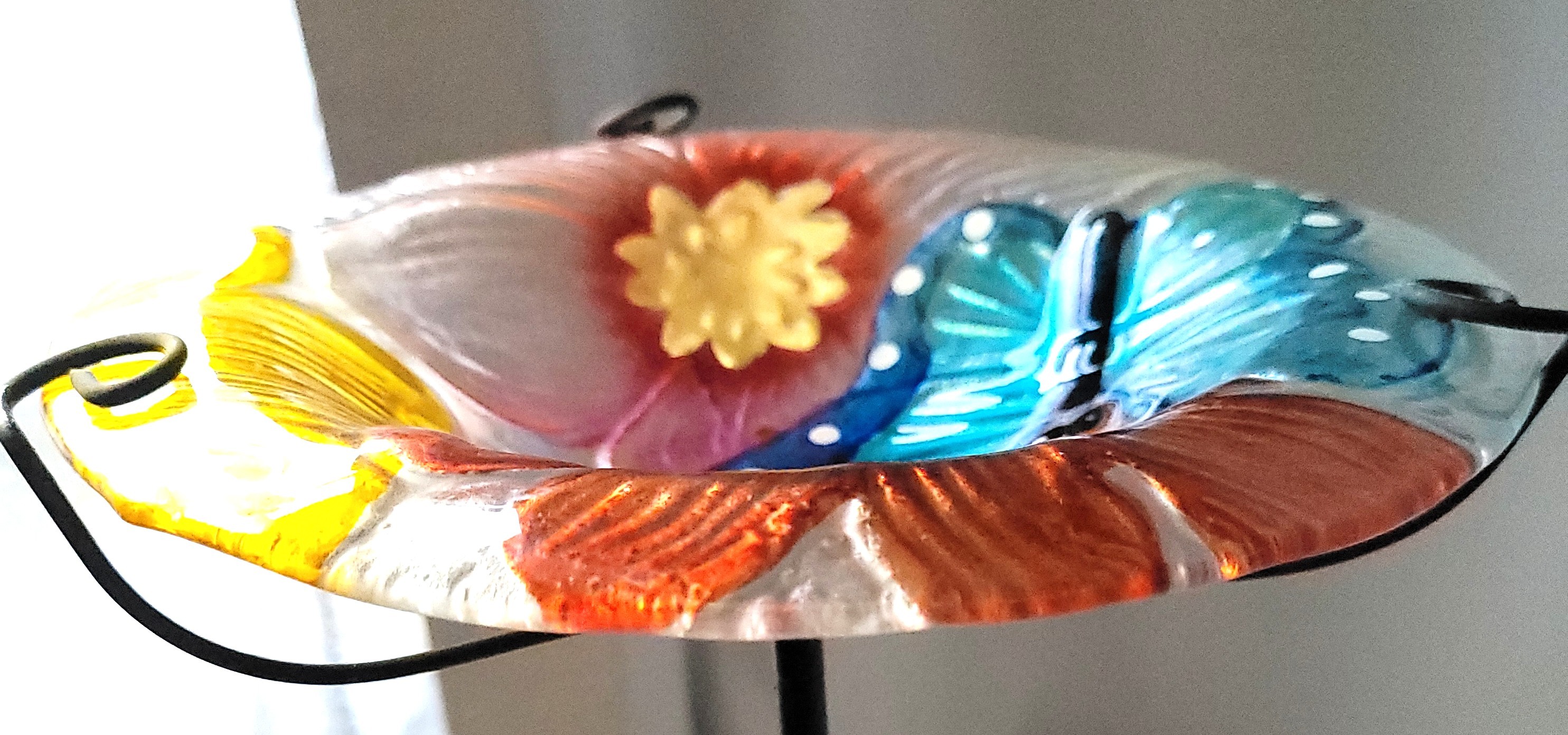 Hand Painted Glass Butterfly Garden Stake Bird Bath Feeder 28" - photo 3