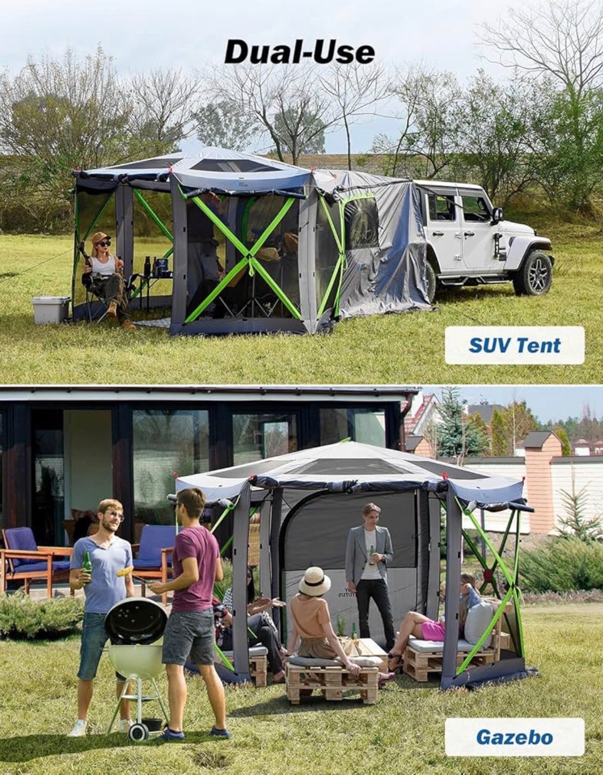 2-Rooms Gazebo Dual-Use Pop up SUV Tents 11x11ft for Camping