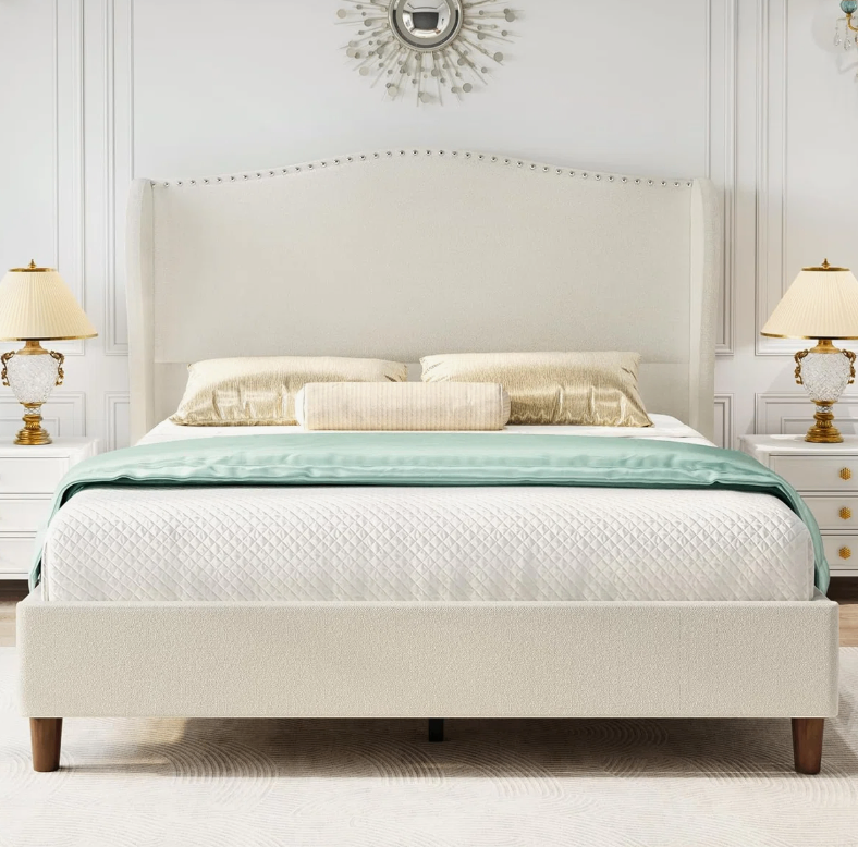 Wingback Upholstered Bed Frame - Full Size - Beige (New in box) - photo 3