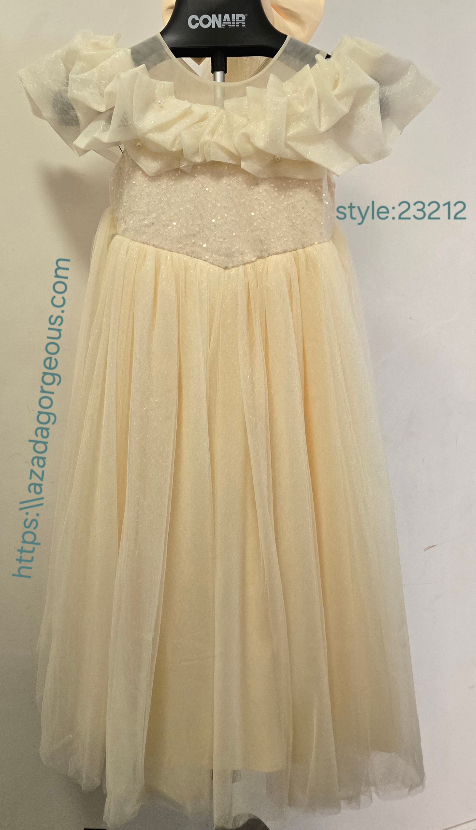 Girls Ivory Tulle Dress with Pearl Beading and Bow: 23212