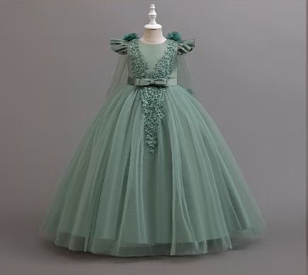 Girls Sage Green Princess Dress with Flowers:8017