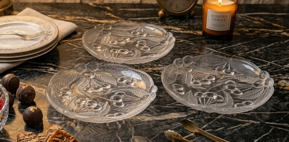 Set of 3 Vintage Bountiful Frosted Crystal Dessert Plates