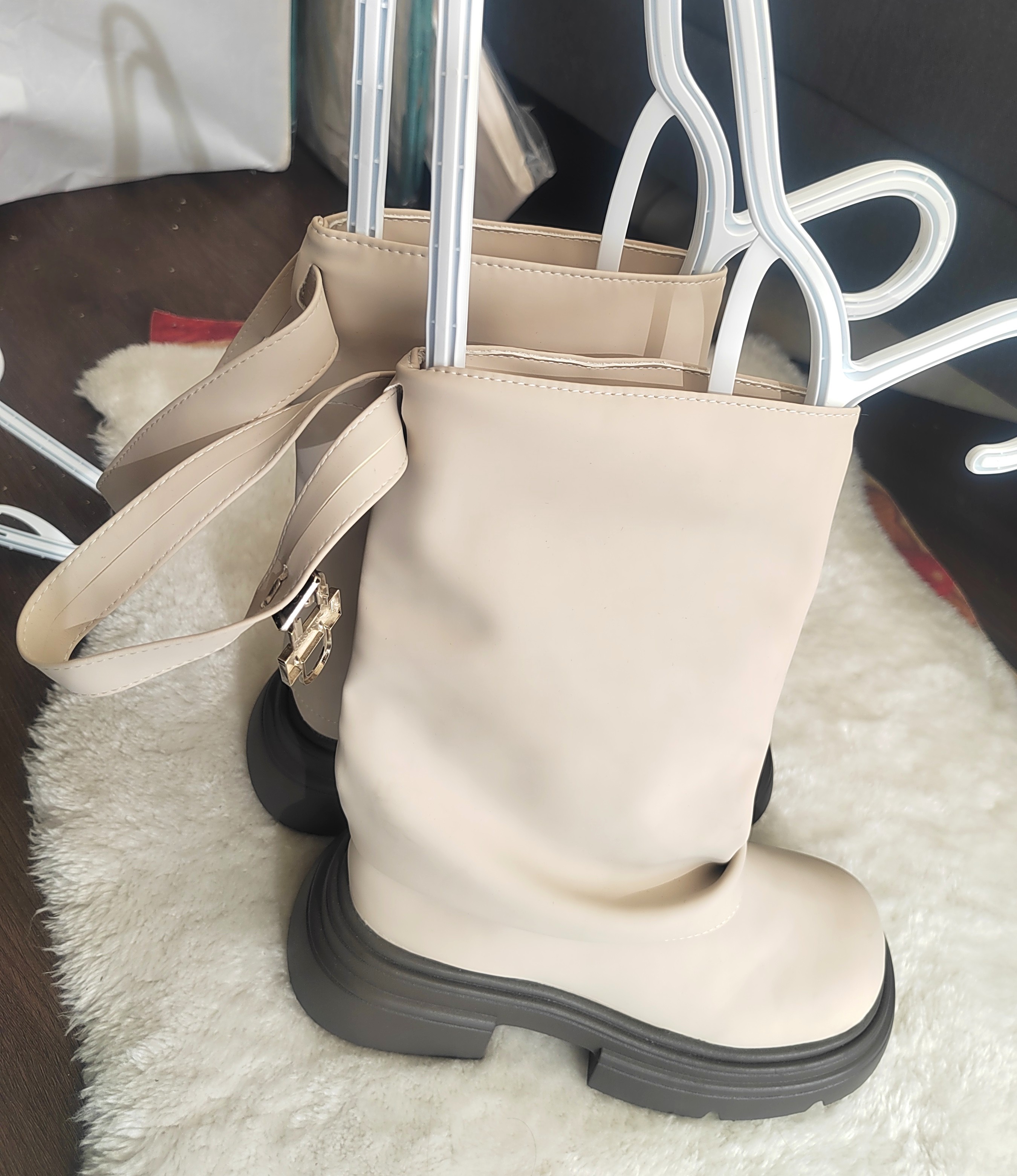 Cream Mid-Calf Boots with Buckle Detail - photo 4