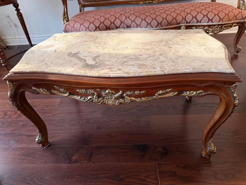 Marble Top Coffee Table with Ornate Wood Frame