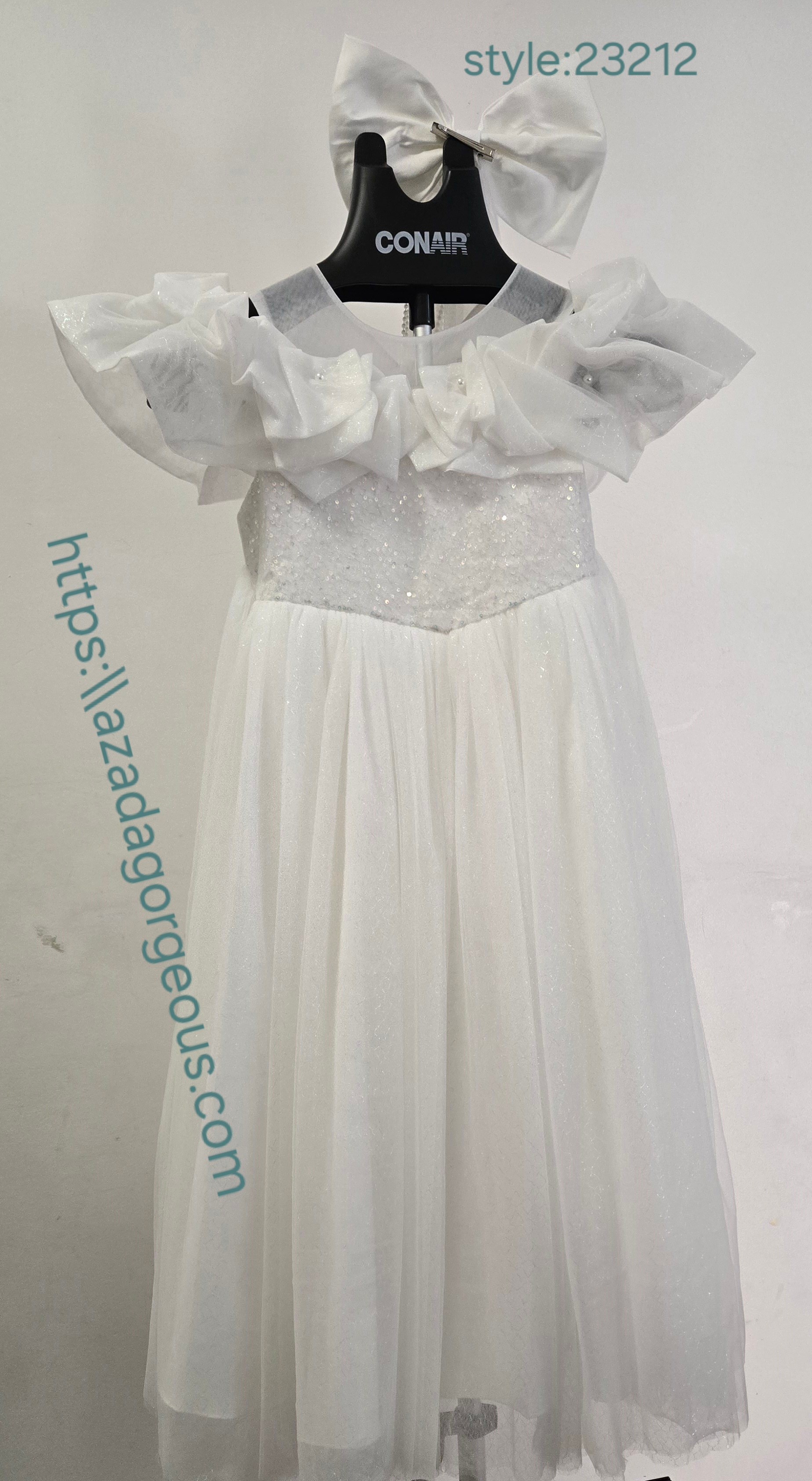 White Sequin Tulle Dress with Bow 23212