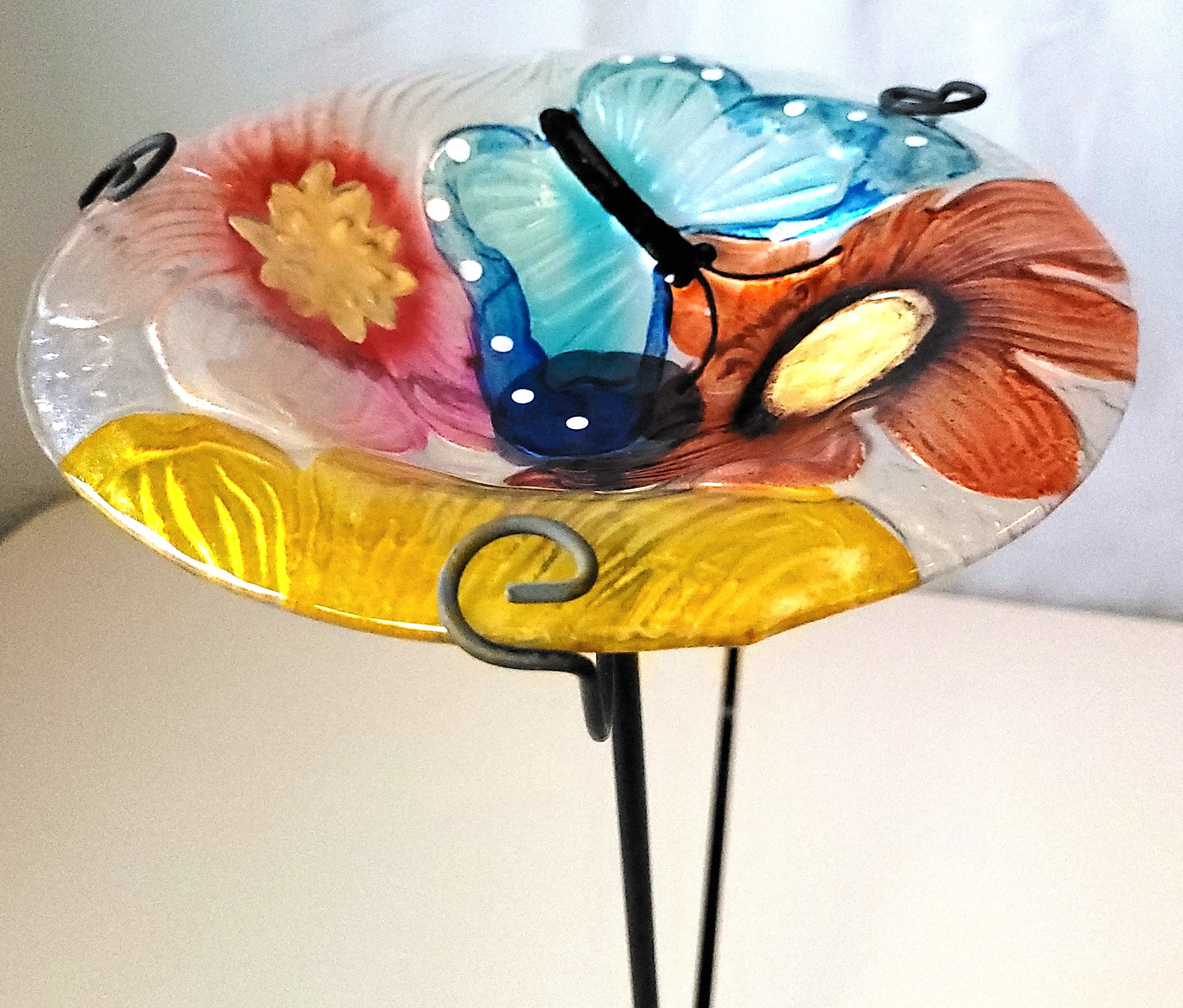 Hand Painted Glass Butterfly Garden Stake Bird Bath Feeder 28" - photo 4