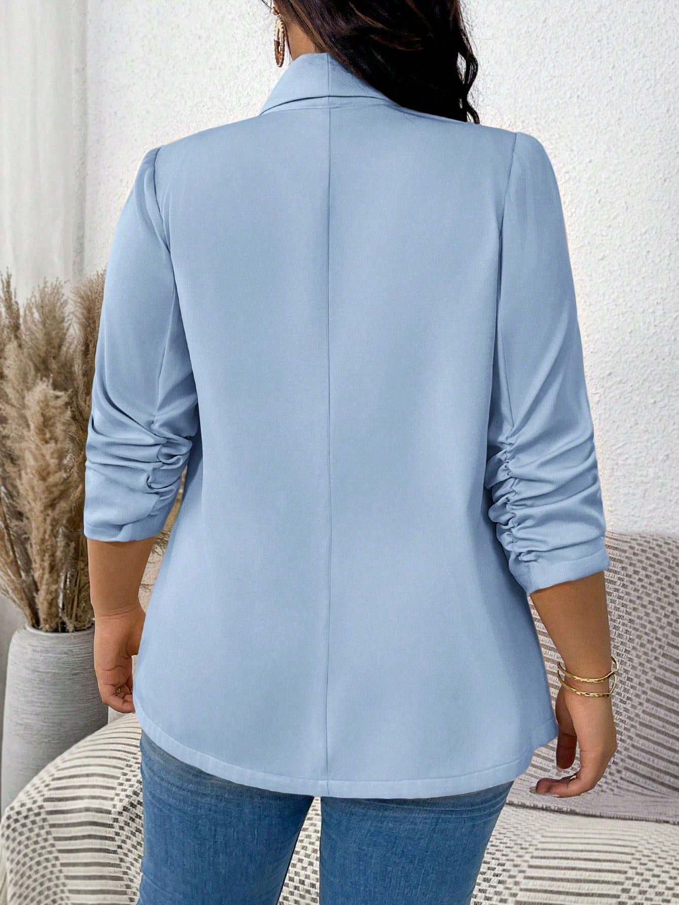 SHEIN LUNE Plus Size Shawl Collar Ruched Sleeve Blazer Blue - photo 2
