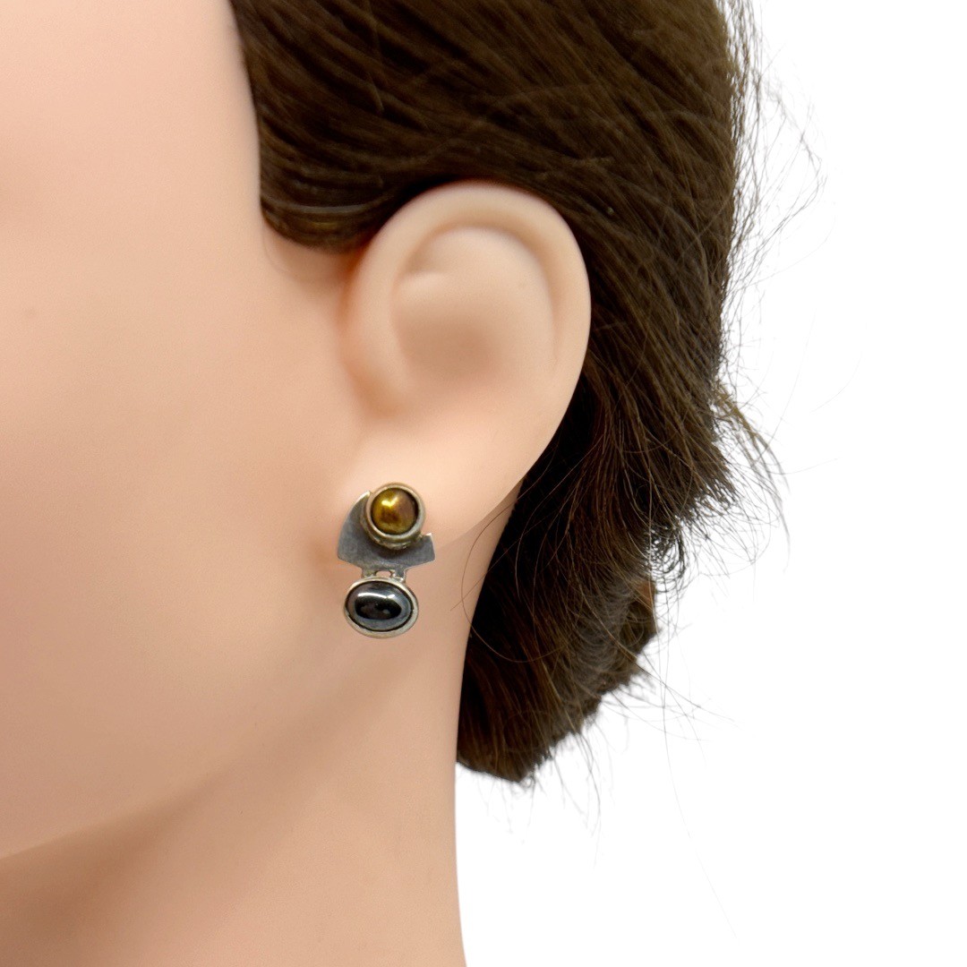 Modernist Sterling silver pearl & hematite earrings - GM337 - photo 4