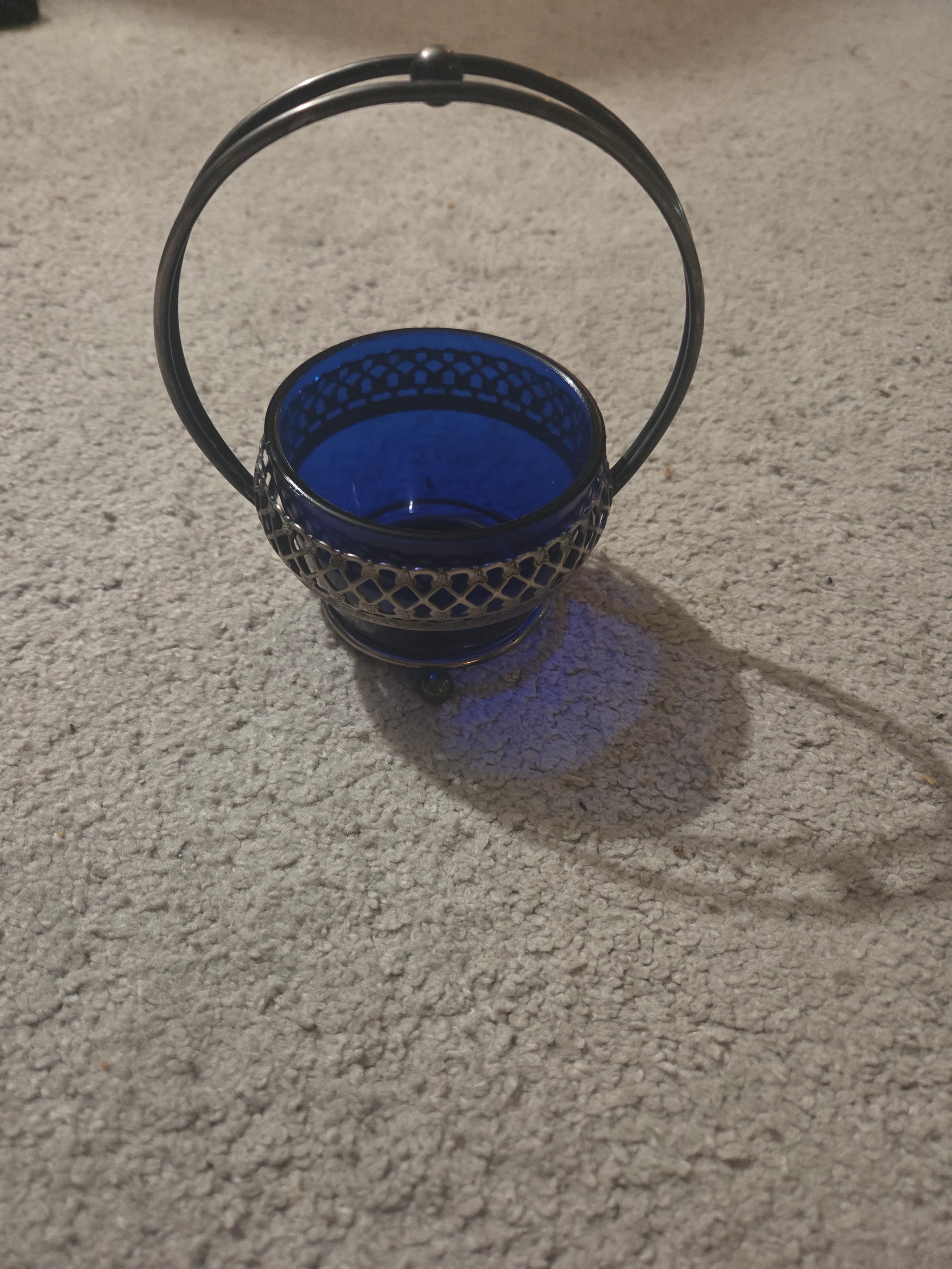 Vintage Cobalt Blue Glass Sugar Basket, Pierced Silver Tone Dish