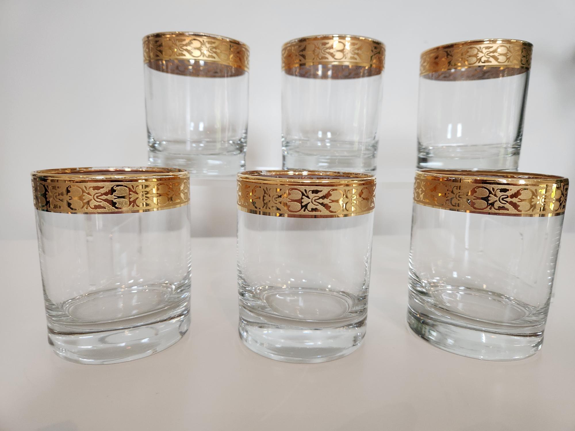 Set of 6 Vintage MCM Italian Gold Rim Small Rock Barware Glasses