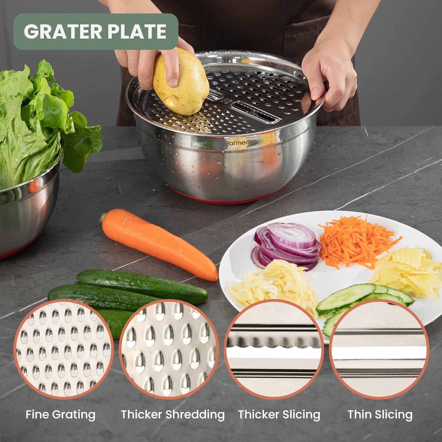 Stainless steel mixing bowl + grater + colander set - photo 4