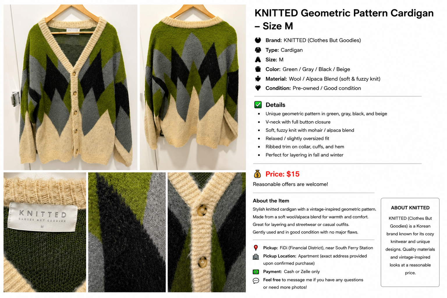 KNITTED Geometric Pattern Cardigan – Size M