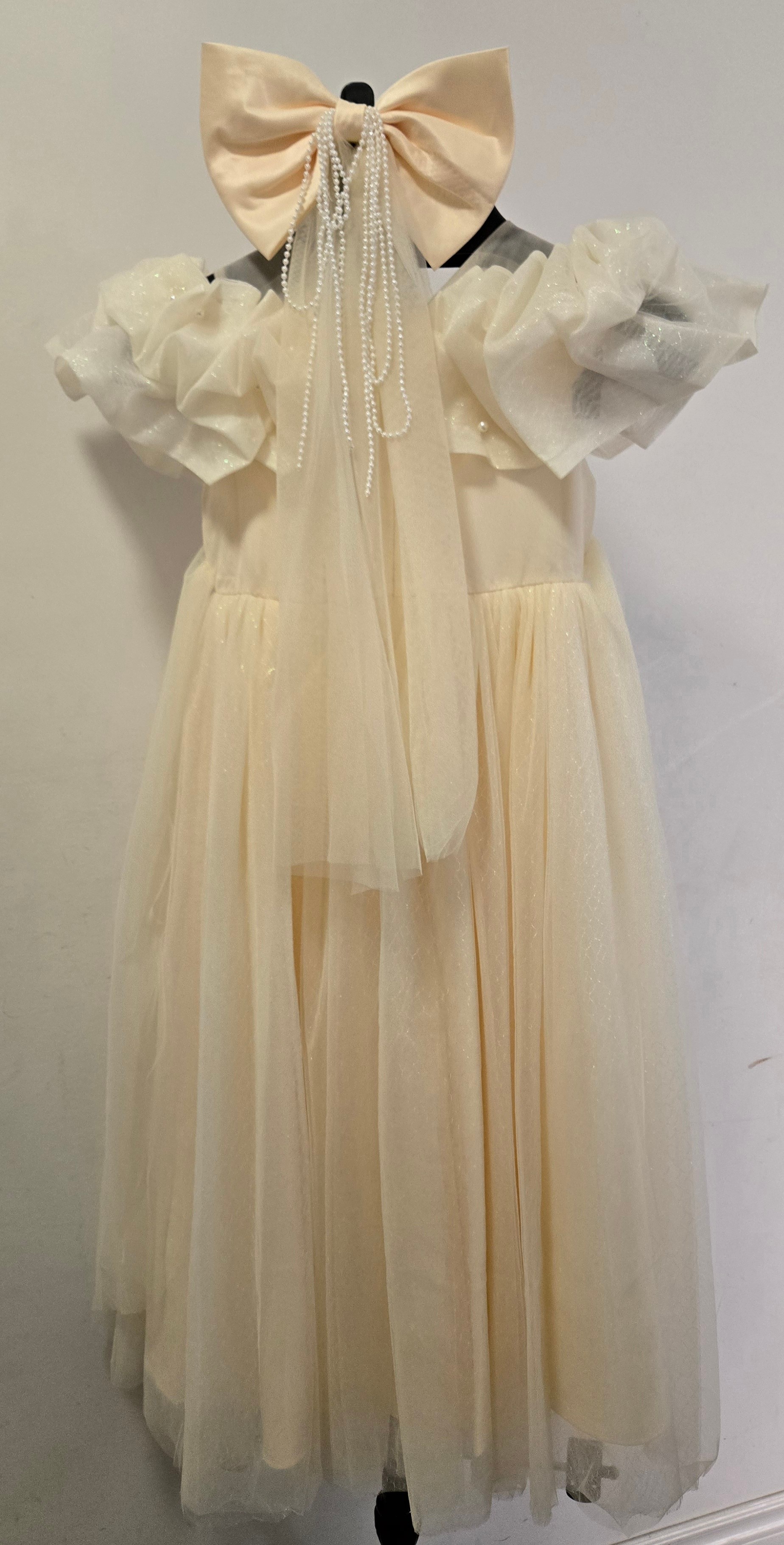 Girls Ivory Tulle Dress with Pearl Beading and Bow: 23212 - photo 3