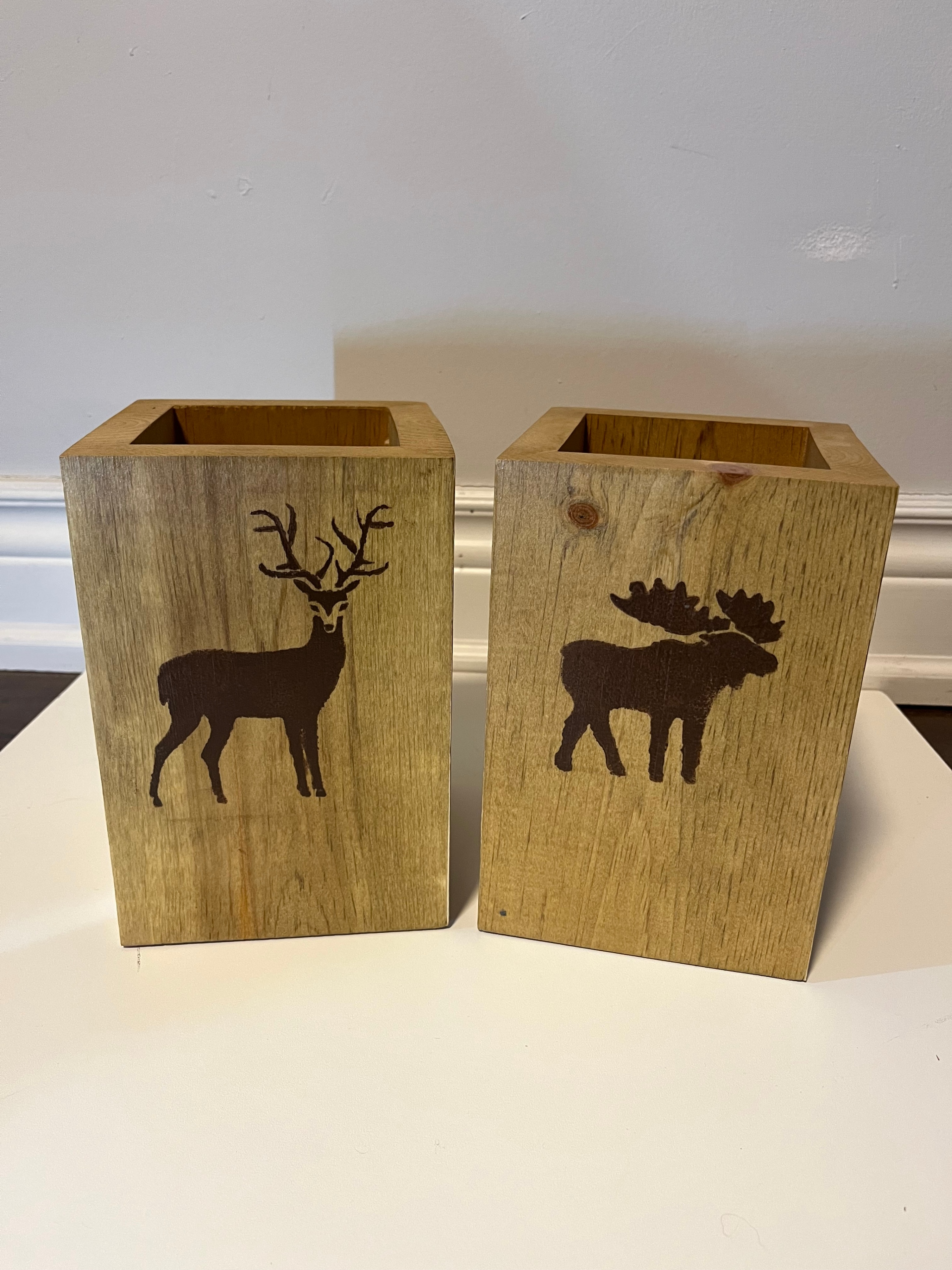 Rustic Solid Wood Decorative Box Holders Set (Deer & Moose)