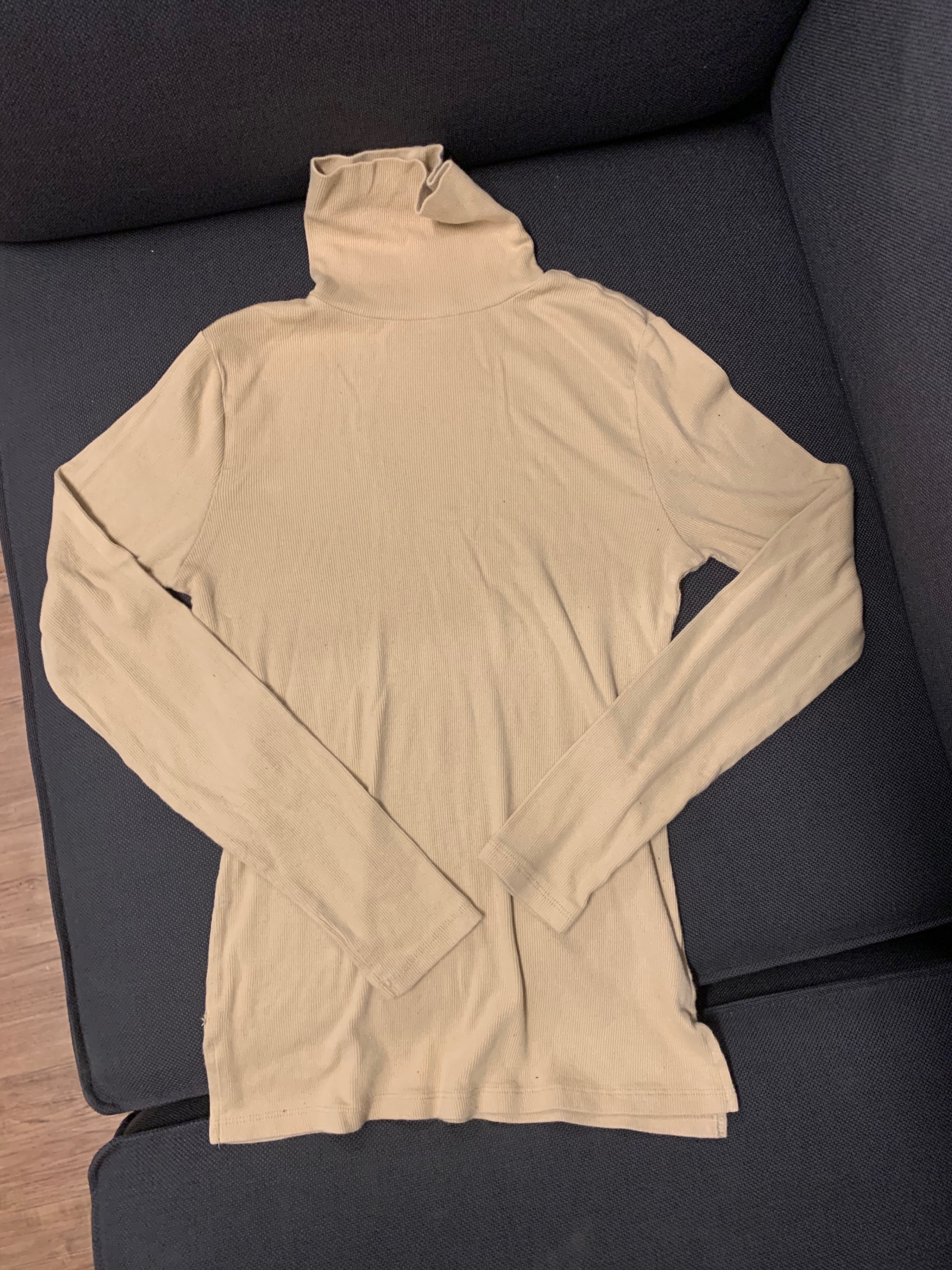Beige Ribbed Turtleneck Long-Sleeve Top