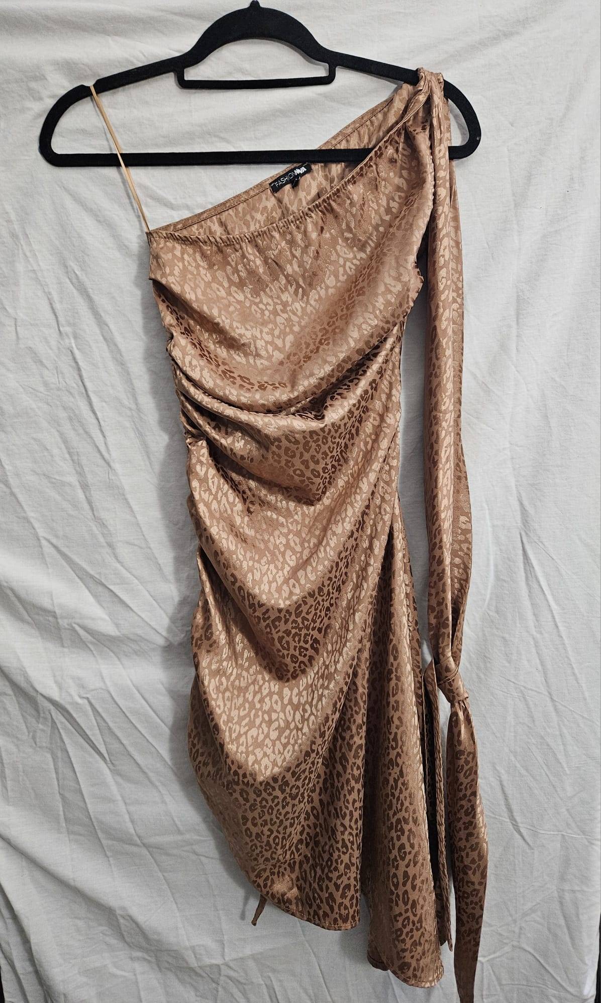 Leopard Satin One Shoulder Ruched Dress
