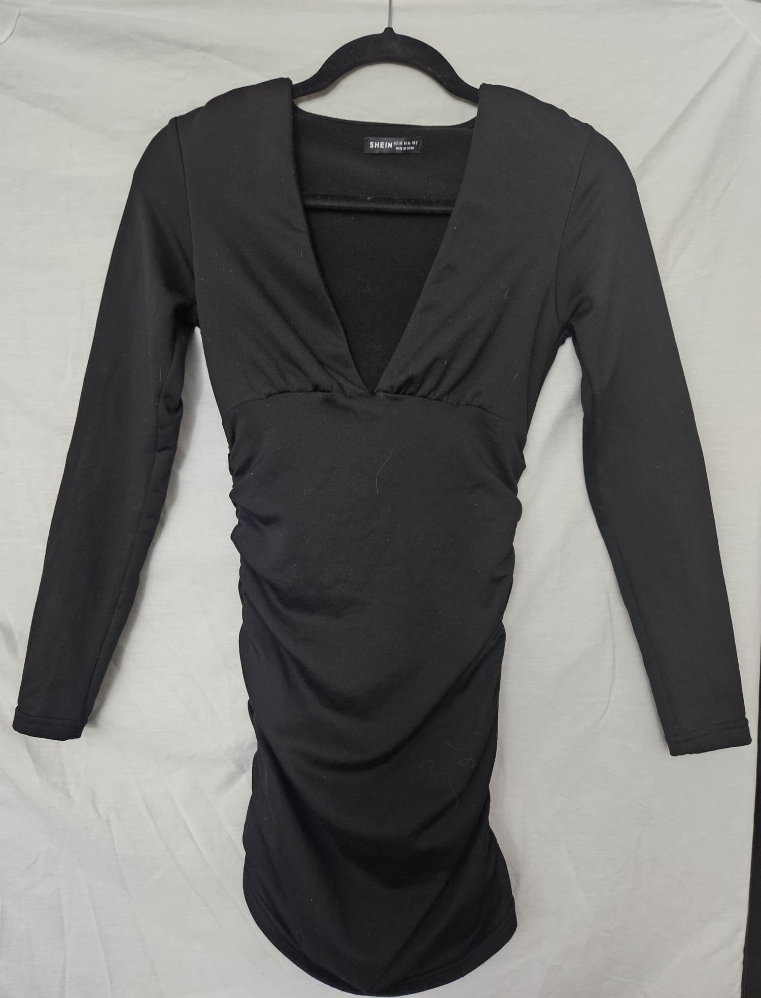 Black Long Sleeve Deep V-Neck Ruched Bodycon Midi Dress