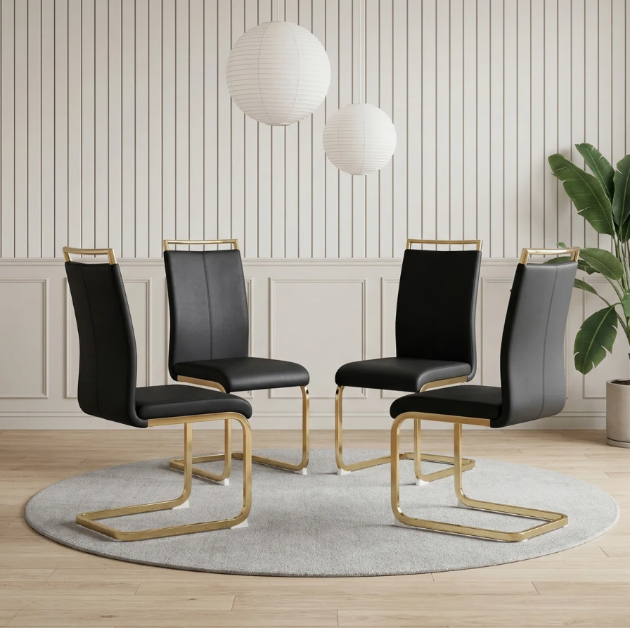 4 Black Faux Leather Dining Chairs with gold legs - New in box - photo 2
