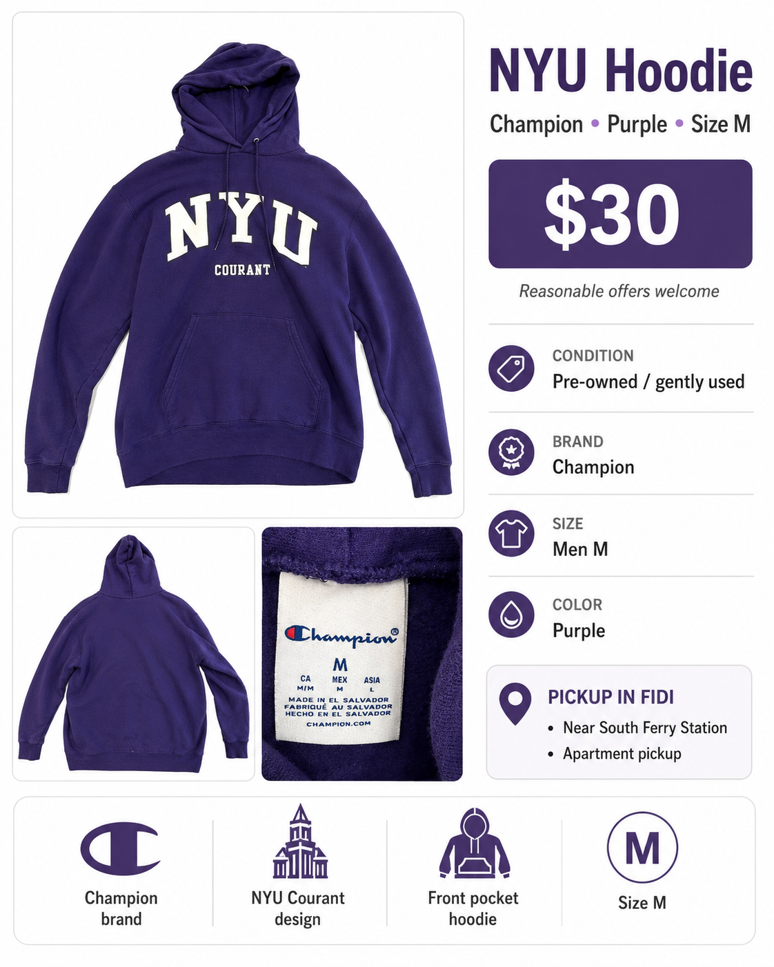 NYU Champion Hoodie – Purple – Size M