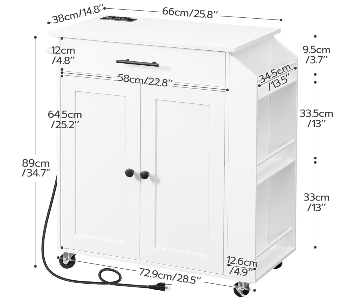 White Kitchen Storage Cabinet / Coffee Bar Cart with plug - photo 3