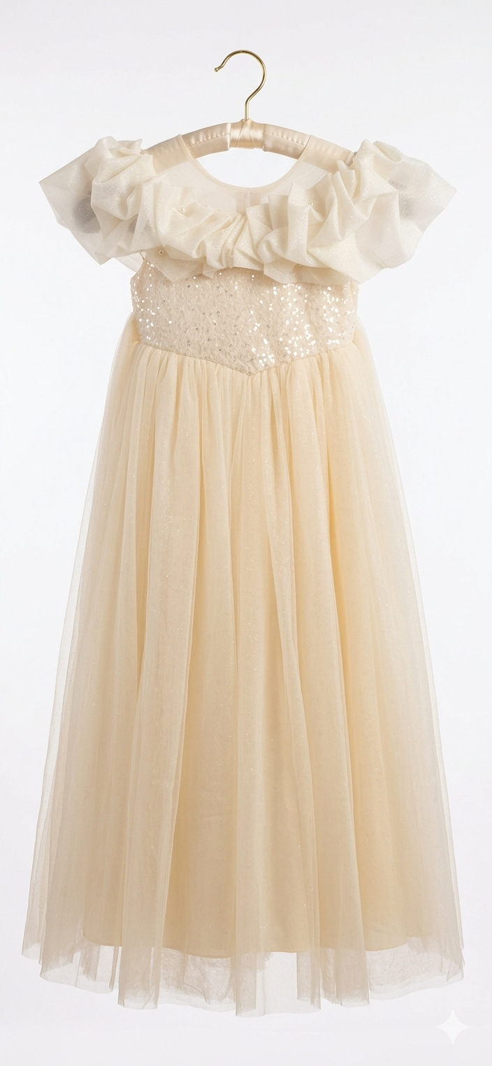 Girls' Cream Tulle Dress with Sequins and Bow:23212 - photo 2
