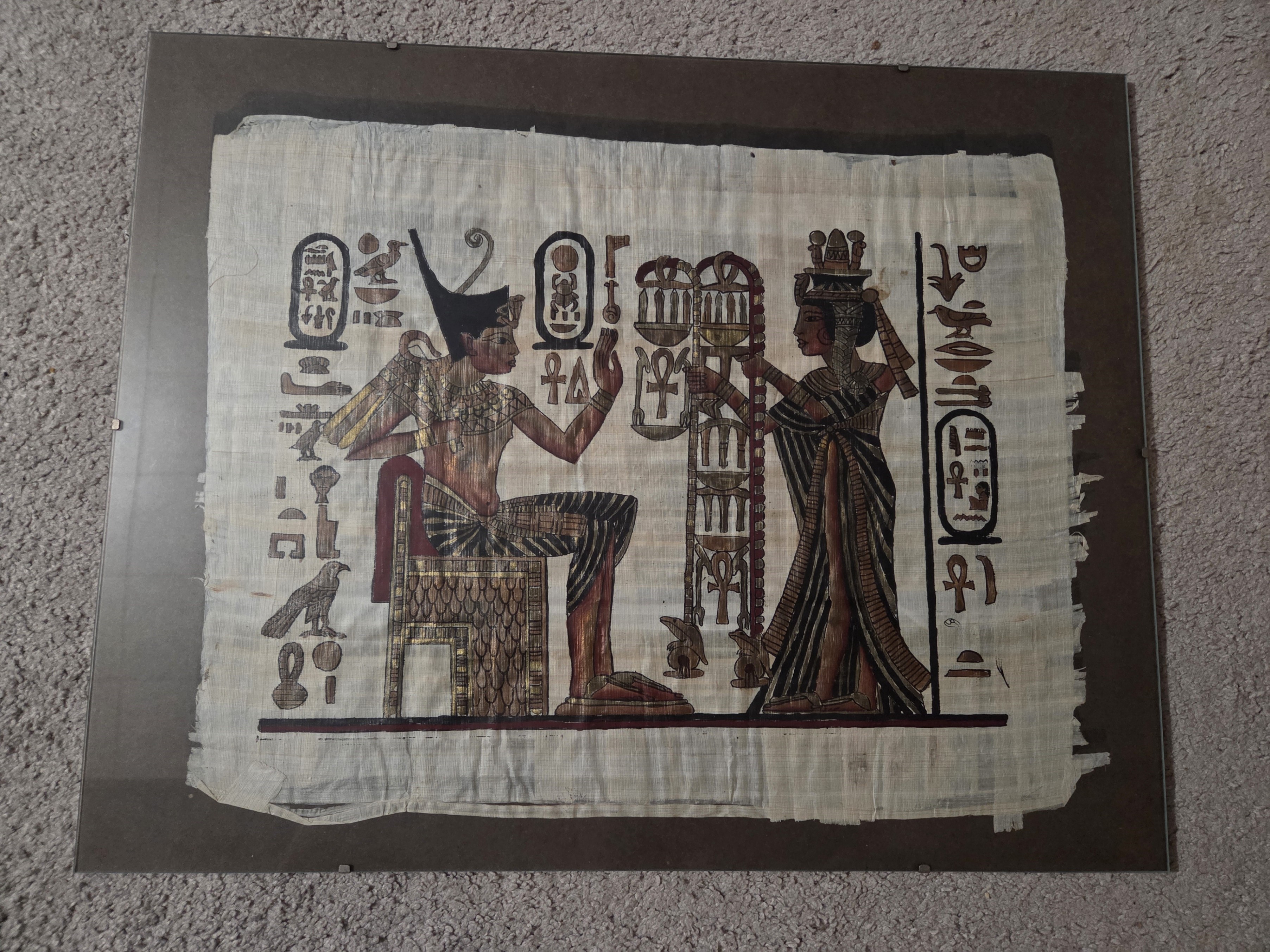 Vintage Egyptian Papyrus Hand Painted Signed Pharaoh Art 20x16"